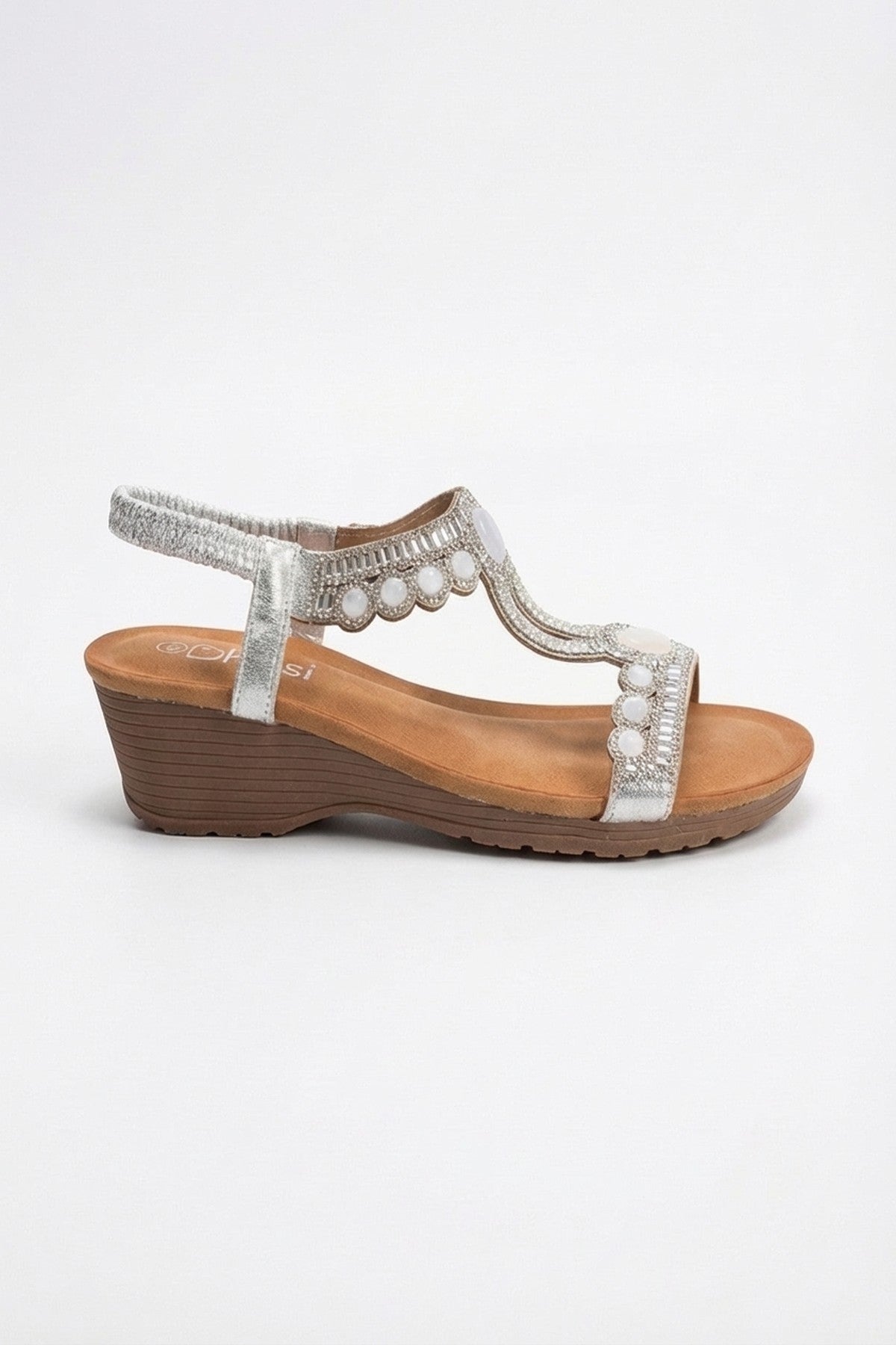 Silver Emma Womens Embellished T-bar Wedge Sandals, Image 7 of 8