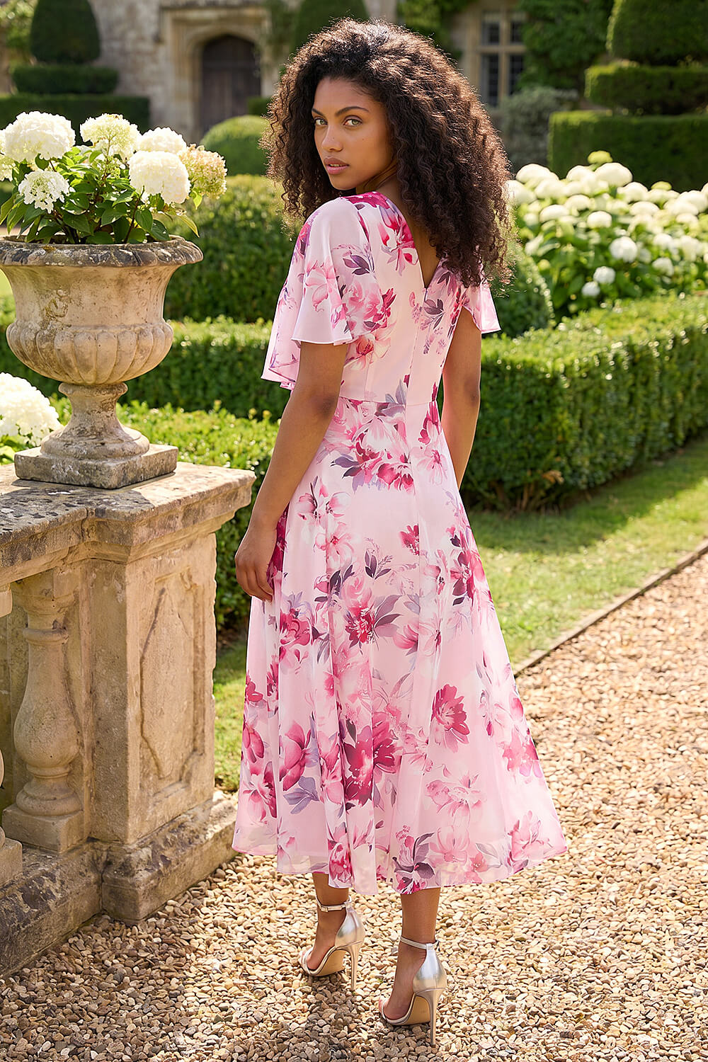 Light Pink Petite Floral Cape Chiffon Midi Dress, Image 4 of 4