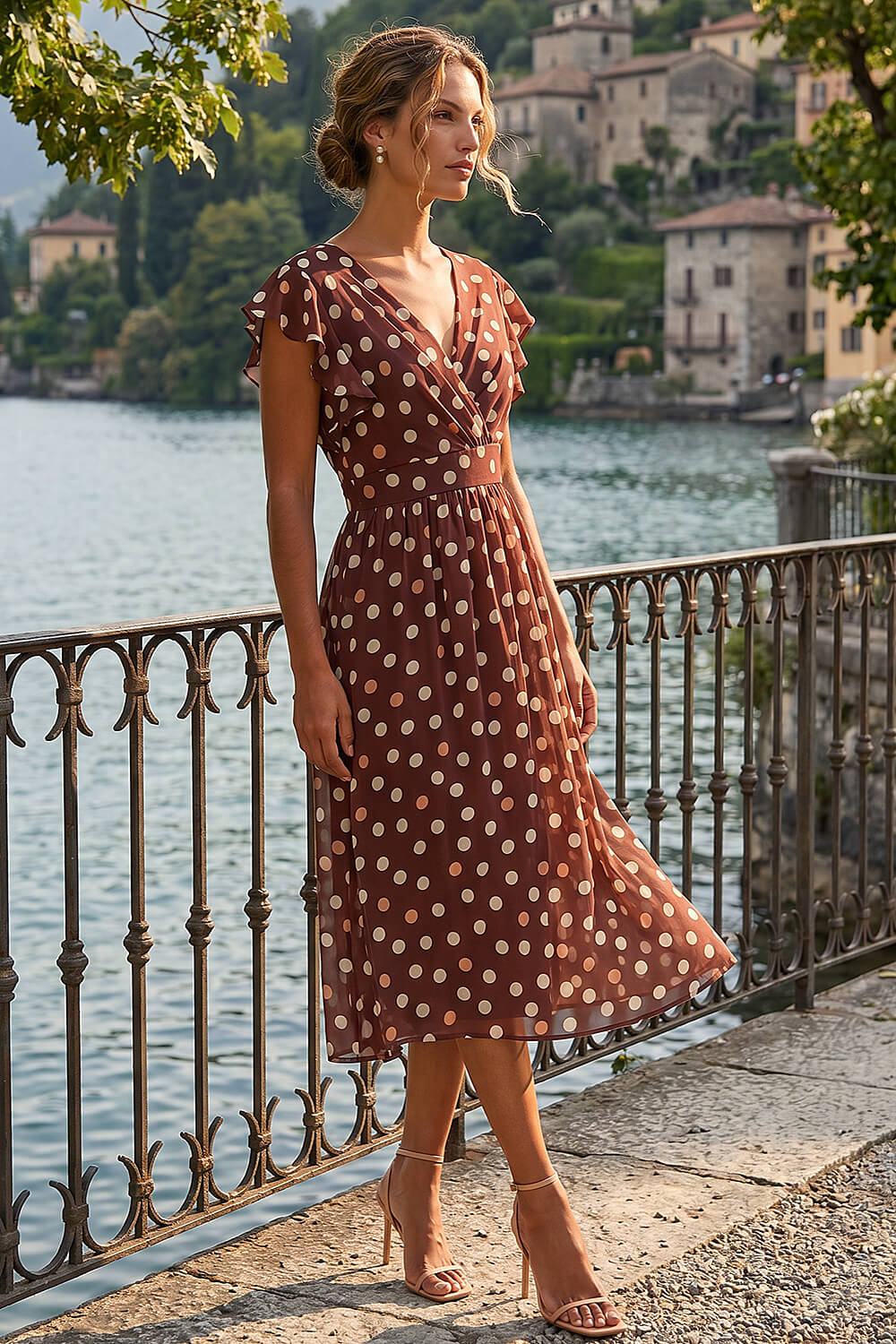 Brown Polka Dot V-Neck Frill Midi Dress, Image 3 of 4
