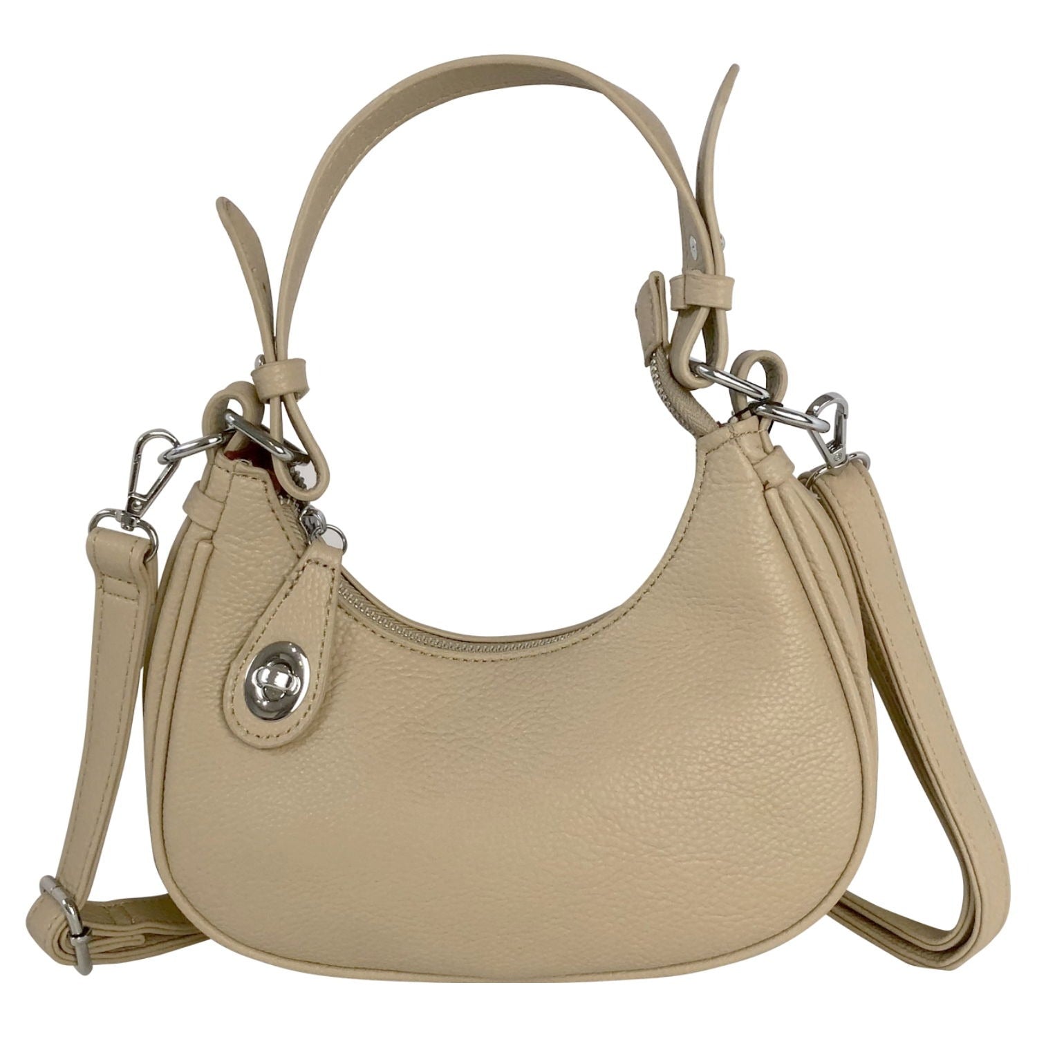 Cream Small Turn-Lock Faux Leather Shoulder Bag