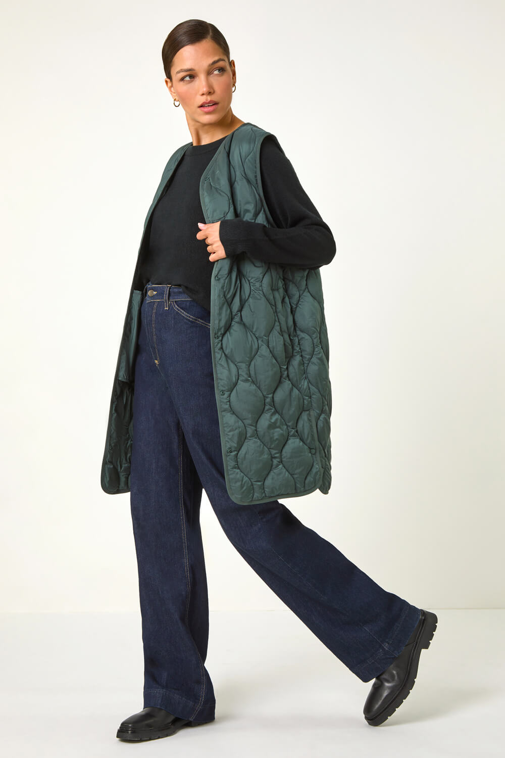 Roman Women's Forest Green Quilted Collarless Button Detail Gilet Size 18