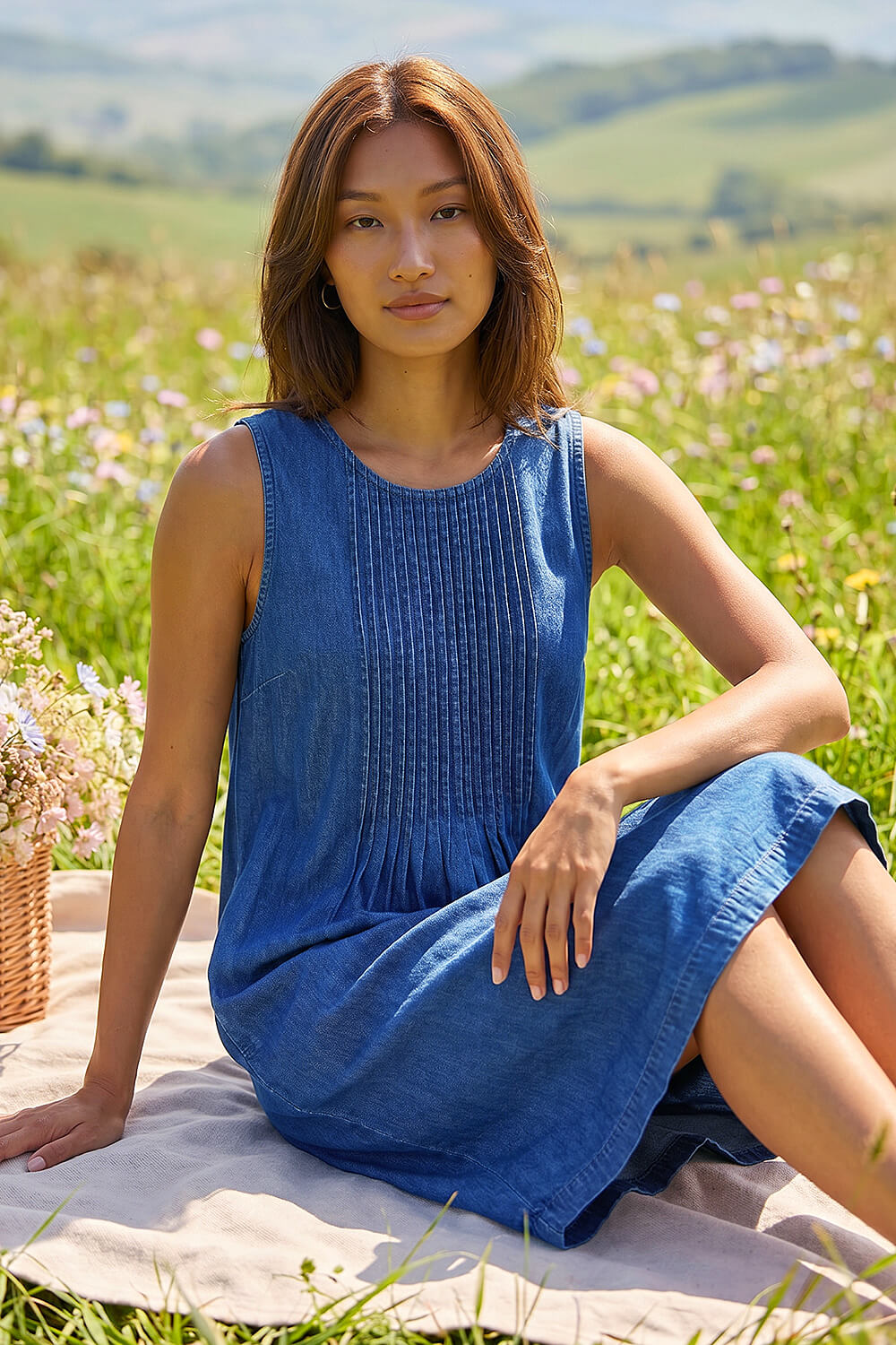 Blue Denim Pintuck Detail Pocket Dress, Image 3 of 4
