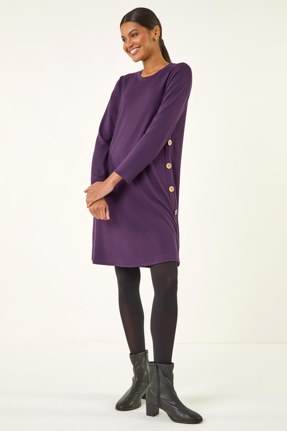 Roman Women's Purple Side Button Detail Swing Dress Size 14
