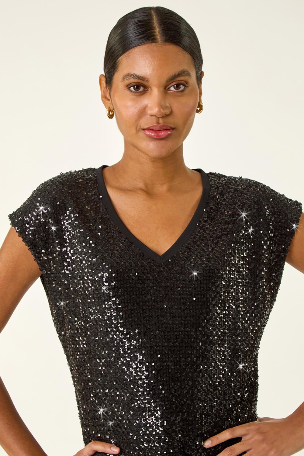 Black Sequin V-Neck Stretch Top, Image 5 of 5
