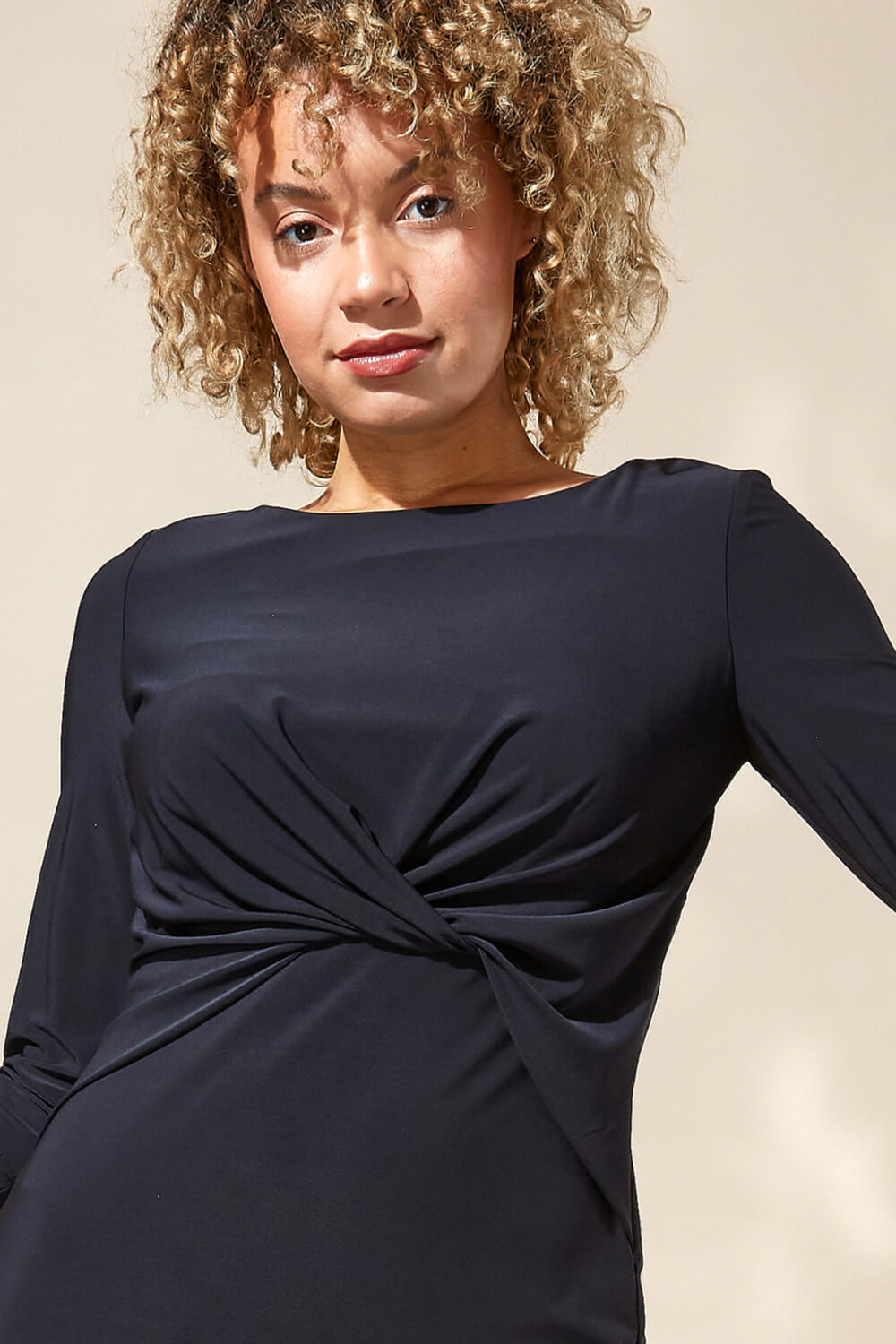 Black Twist Front 3/4 Sleeve Shift Dress, Image 5 of 4