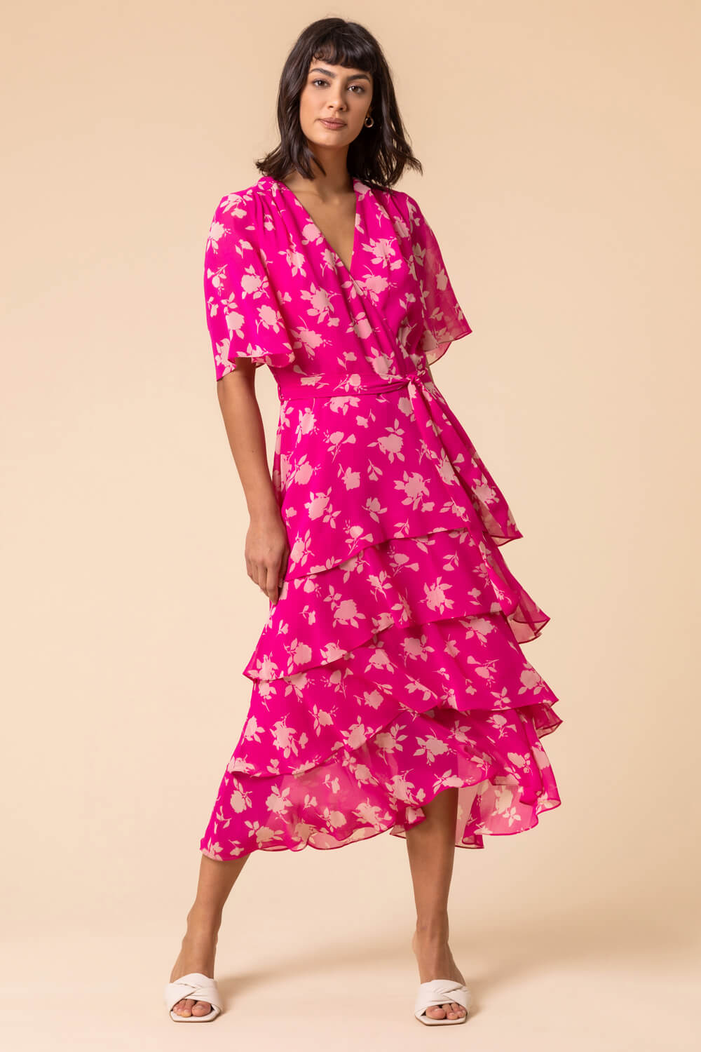 Pink Floral Print Tiered Frill Midi Dress, Image 4 of 5