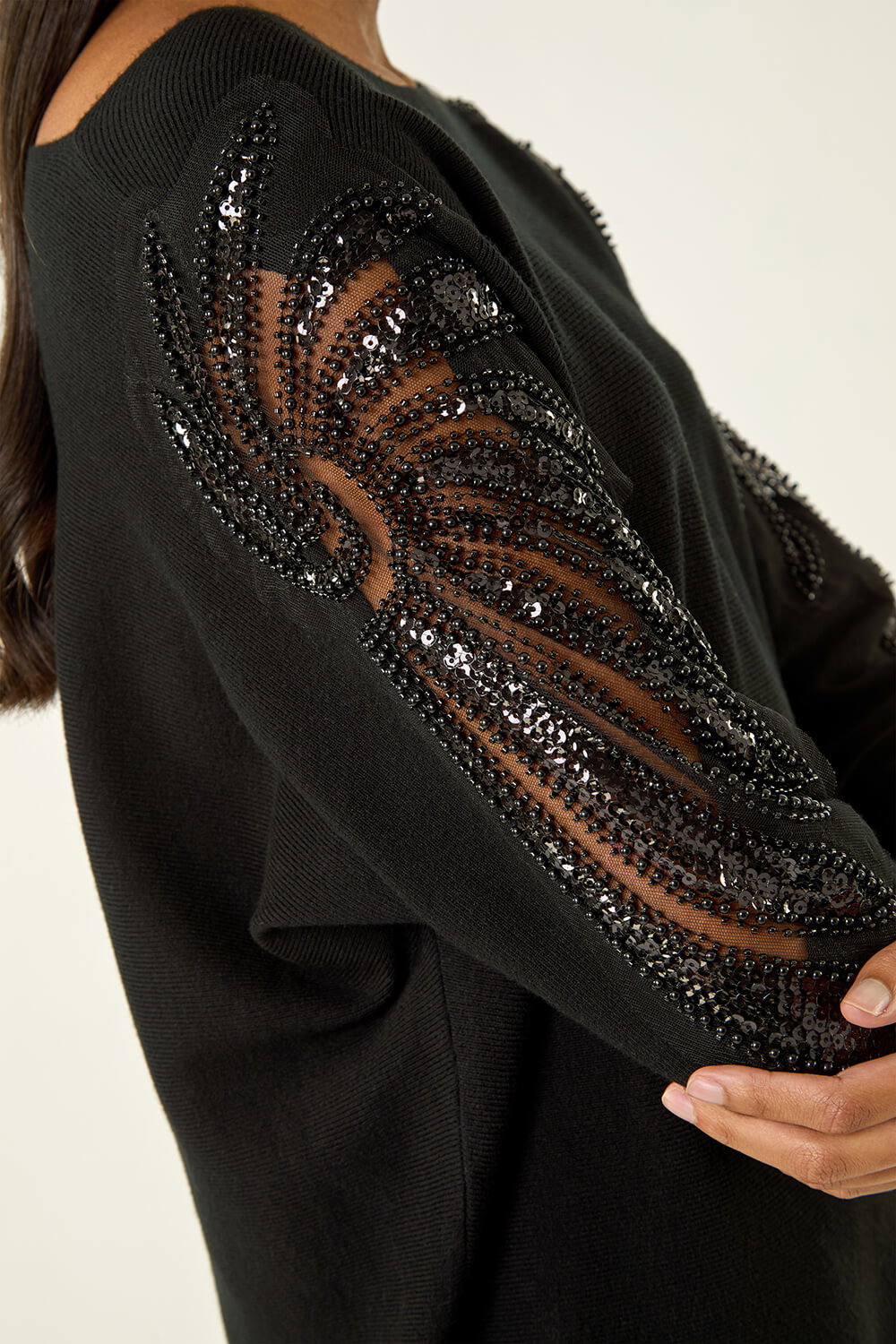 Black Sparkly Sleeve Knit Jumper, Image 6 of 5