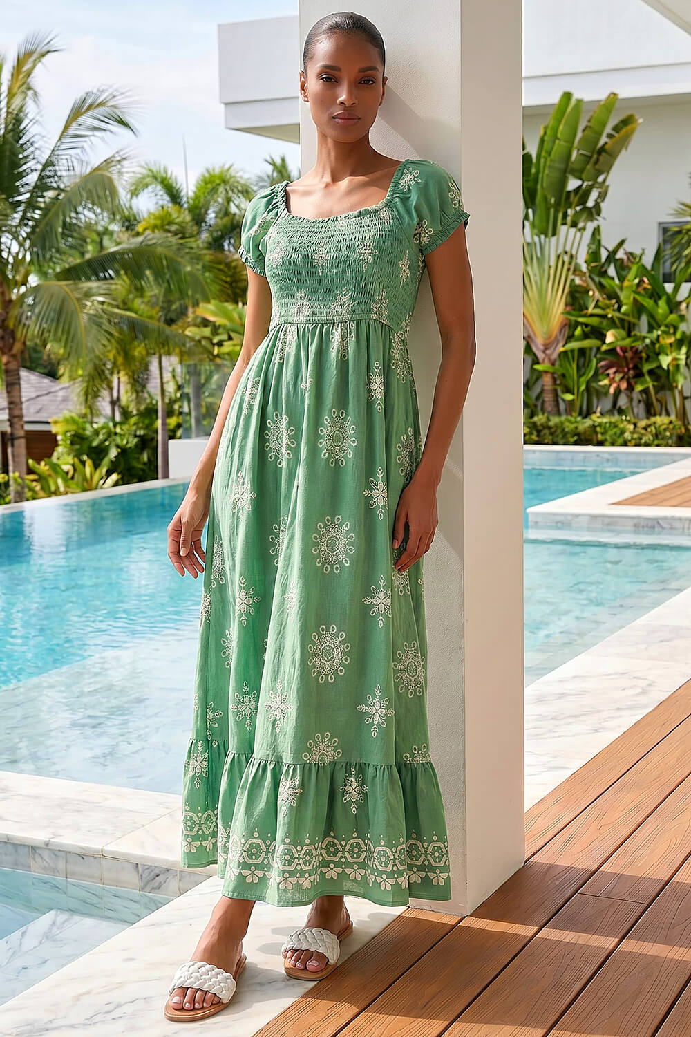Sage Broderie Shirred Maxi Dress, Image 4 of 4