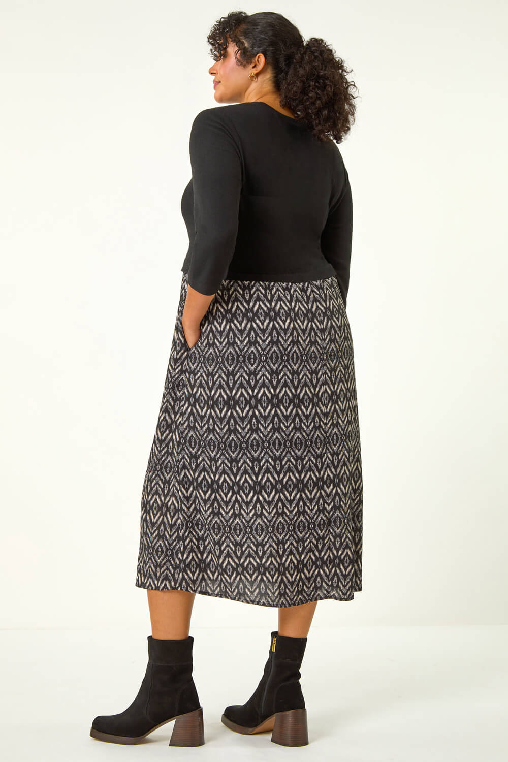 Charcoal Curve Contrast Print Skirt Midi Dress, Image 4 of 5