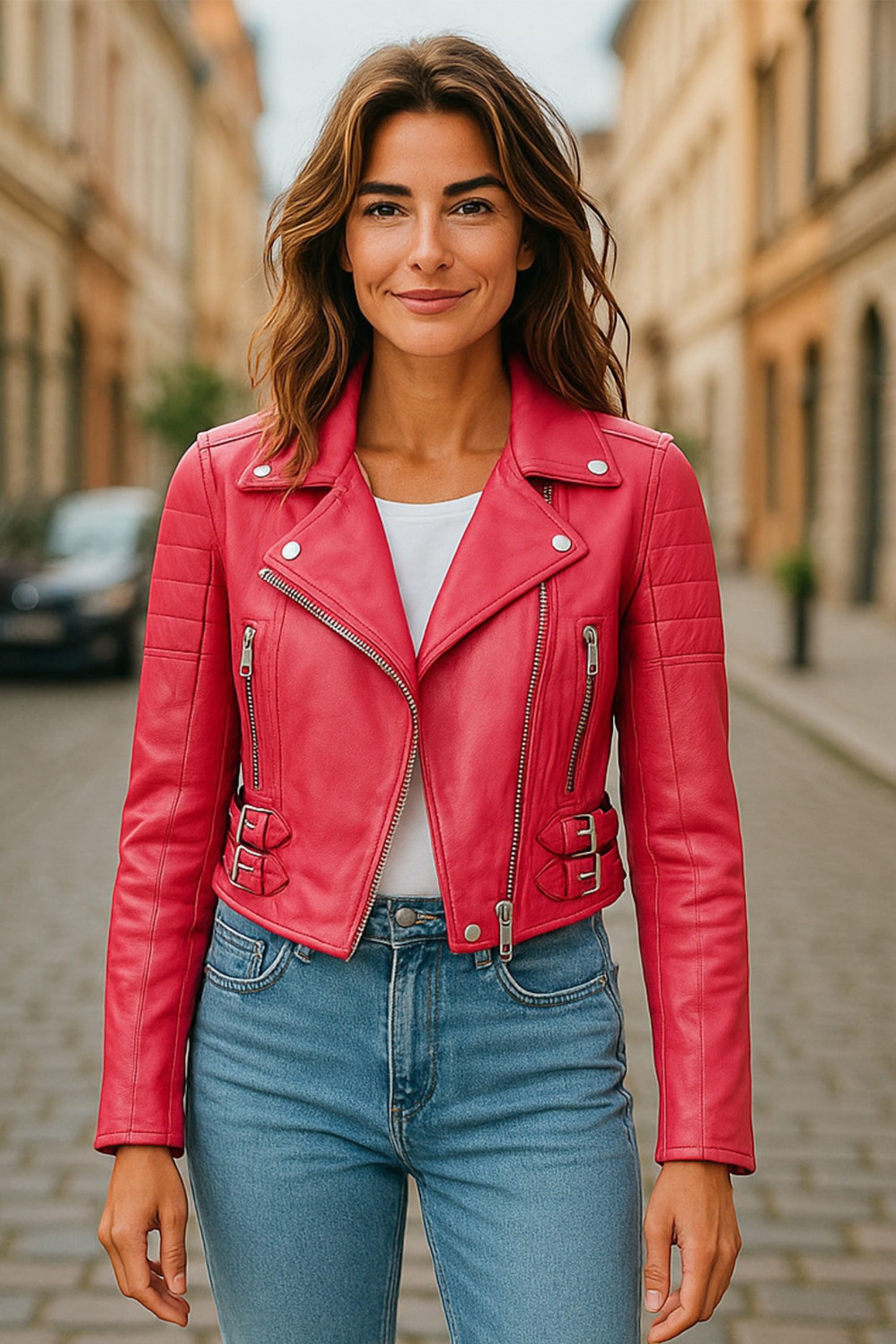 Fuchsia Infinity Leather Fuchsia Cropped Brando Leather Biker Jacket, Image 1 of 7