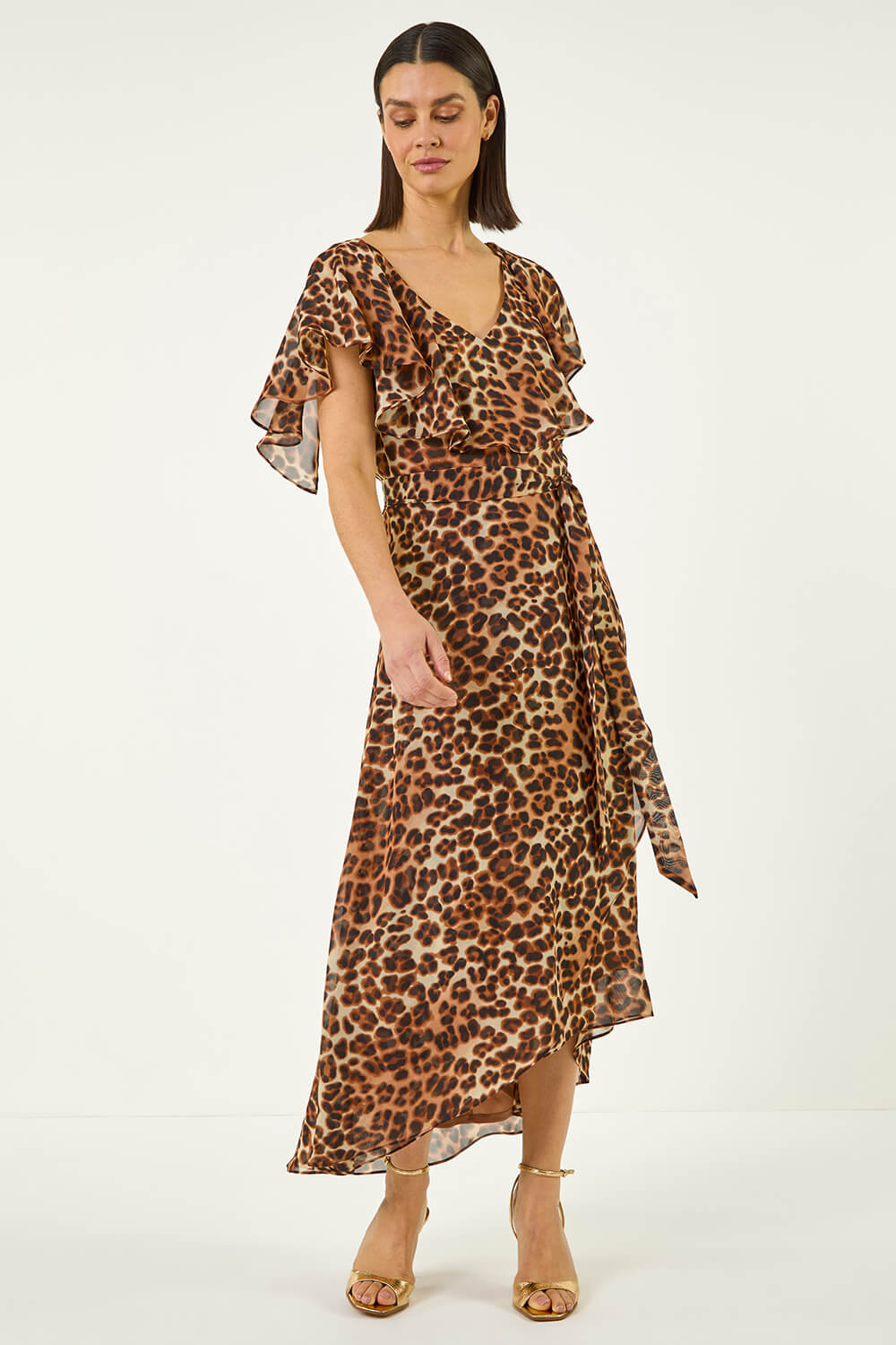 Roman Women's Chocolate Animal Print Wrap Chiffon Midi Dress Size 10
