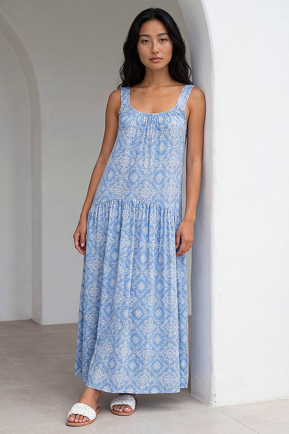 Blue Petite Tile Print Gathered Dress , Image 1 of 4