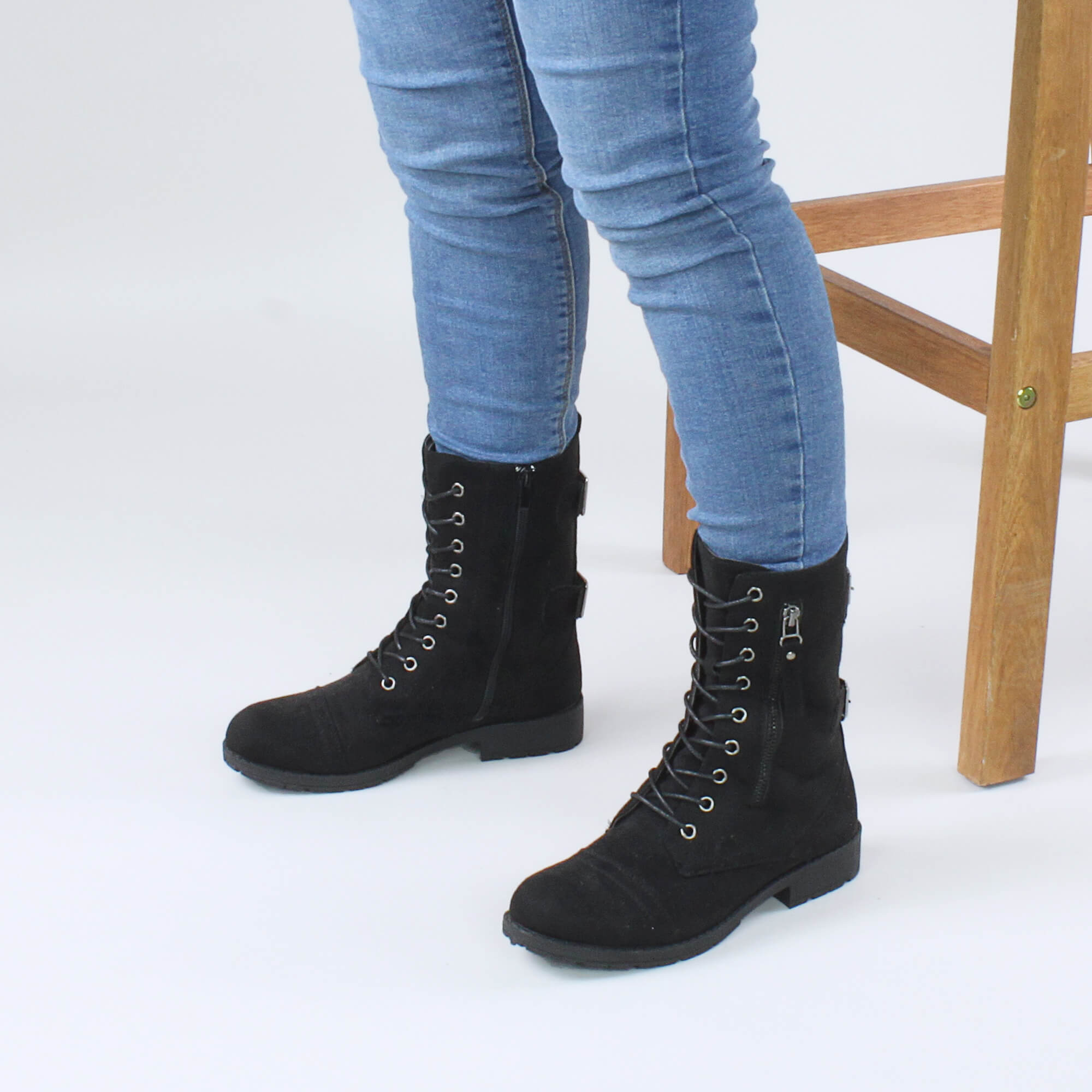 Black Lace Up Zips Military Biker Ankle Boots, Image 5 of 6