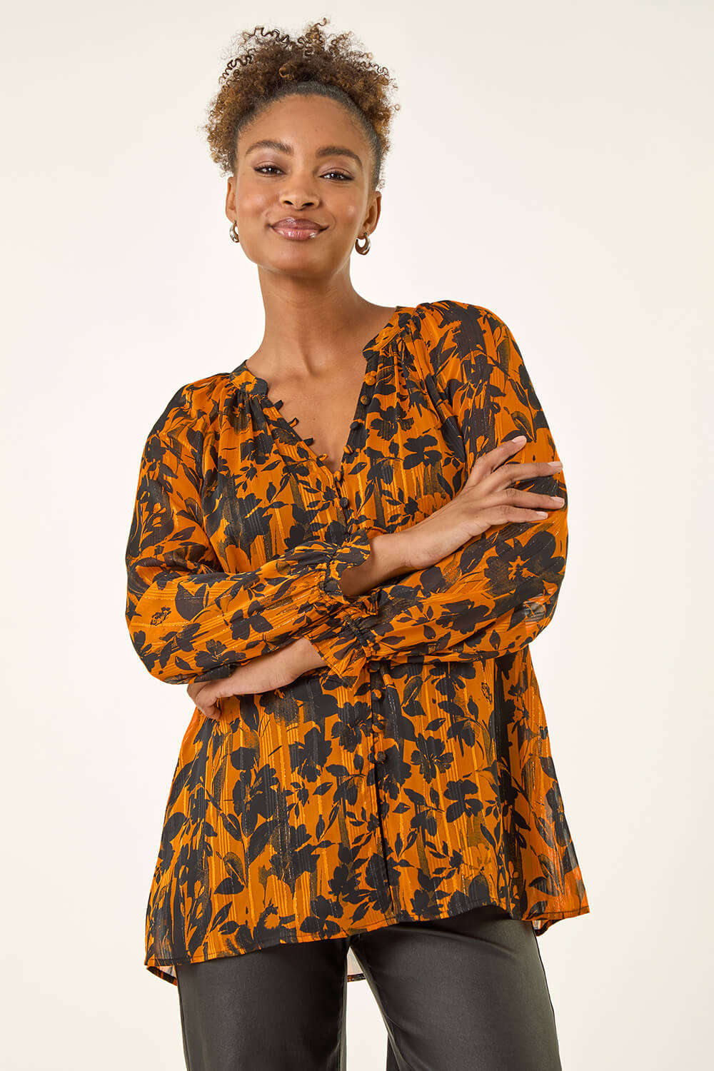 Orange Metallic Floral Buttoned Blouse, Image 5 of 5