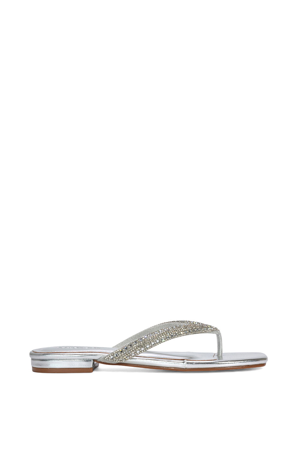 Silver XY LONDON Silver 'Blake' Flat Slip On Diamante Sandals With Thong Strap, Image 1 of 6