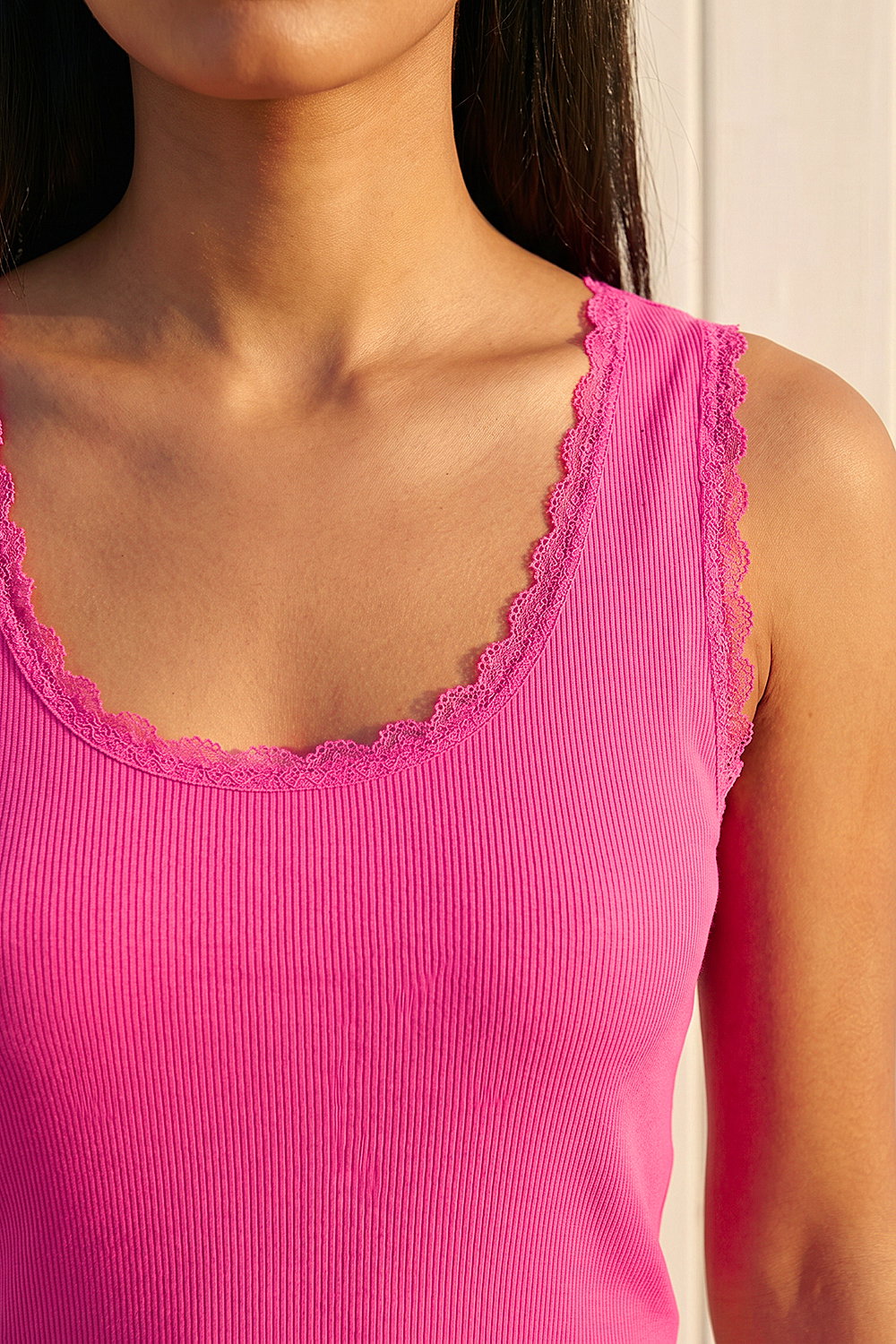 PINK Lace Trim Ribbed Vest Top, Image 5 of 4