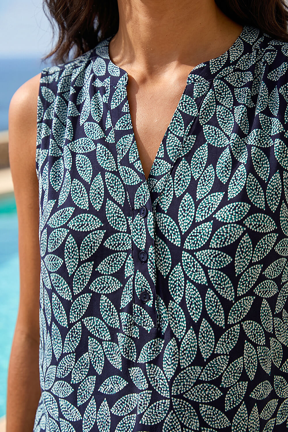 Teal Textured Leaf Print Stretch Top, Image 5 of 4