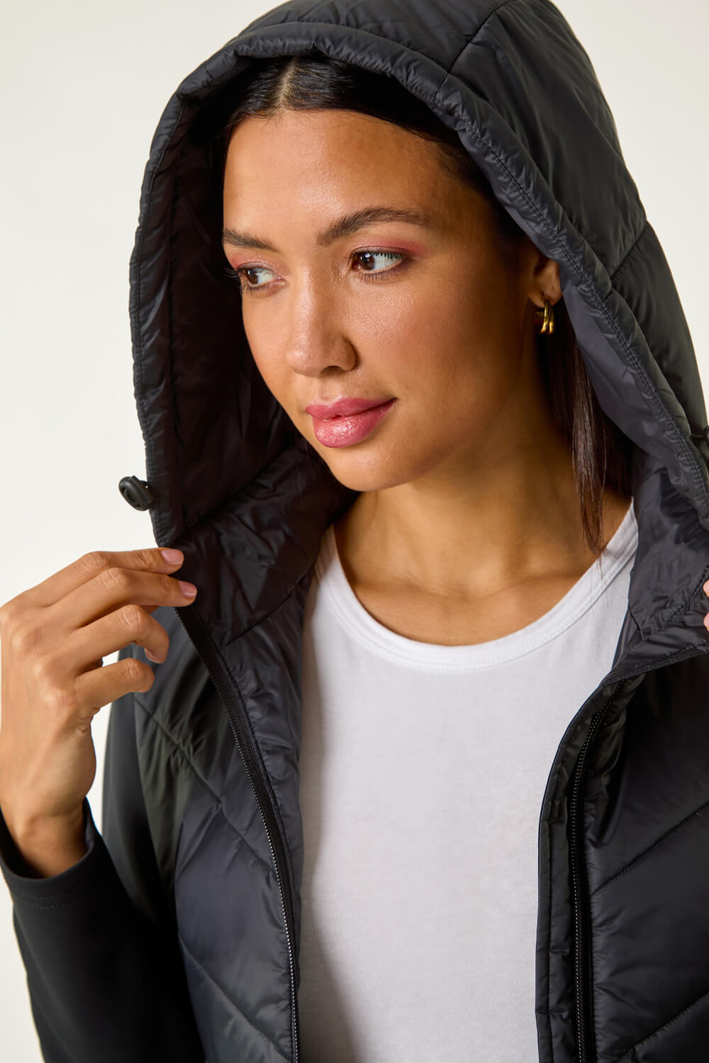 Black Contrast Hooded Padded Jacket, Image 1 of 8