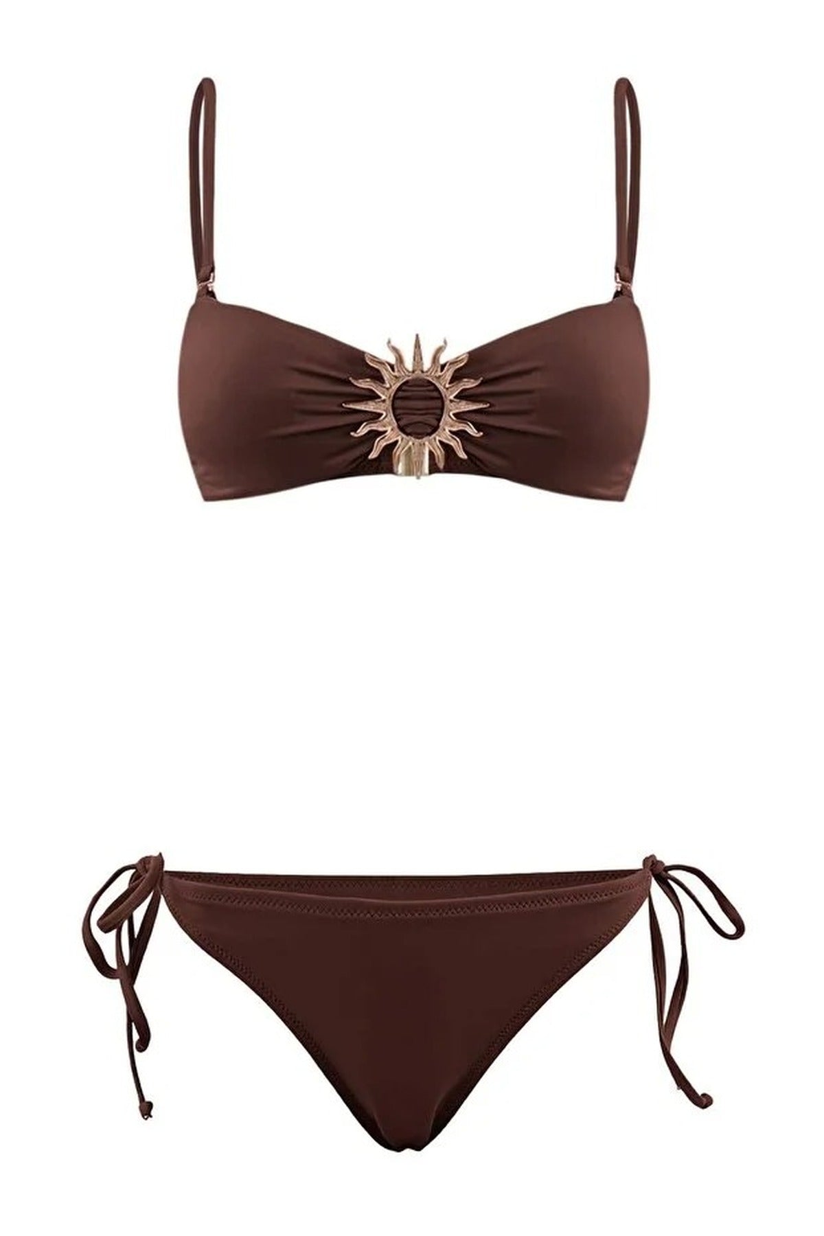 Brown Sun Hardware Detail Tie Side Triangle Bikini Set, Image 2 of 3