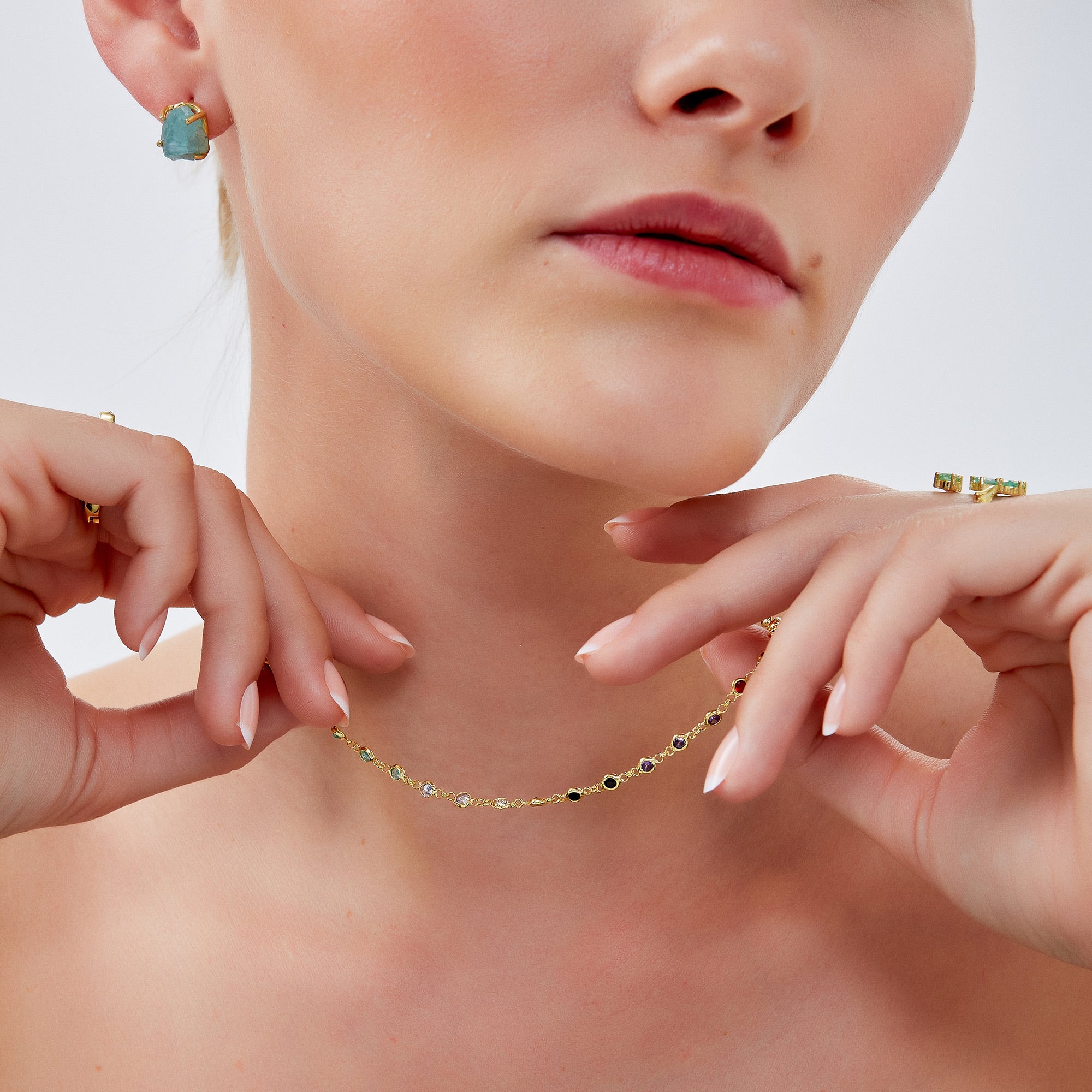 Gold Colourful Rainbow Jewelled Sterling Silver Chain Necklace, Image 5 of 5