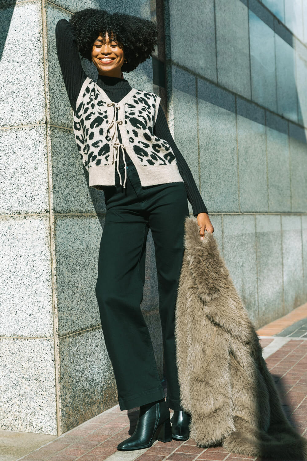 Tan Animal Print Tie Front Knit Top, Image 8 of 7