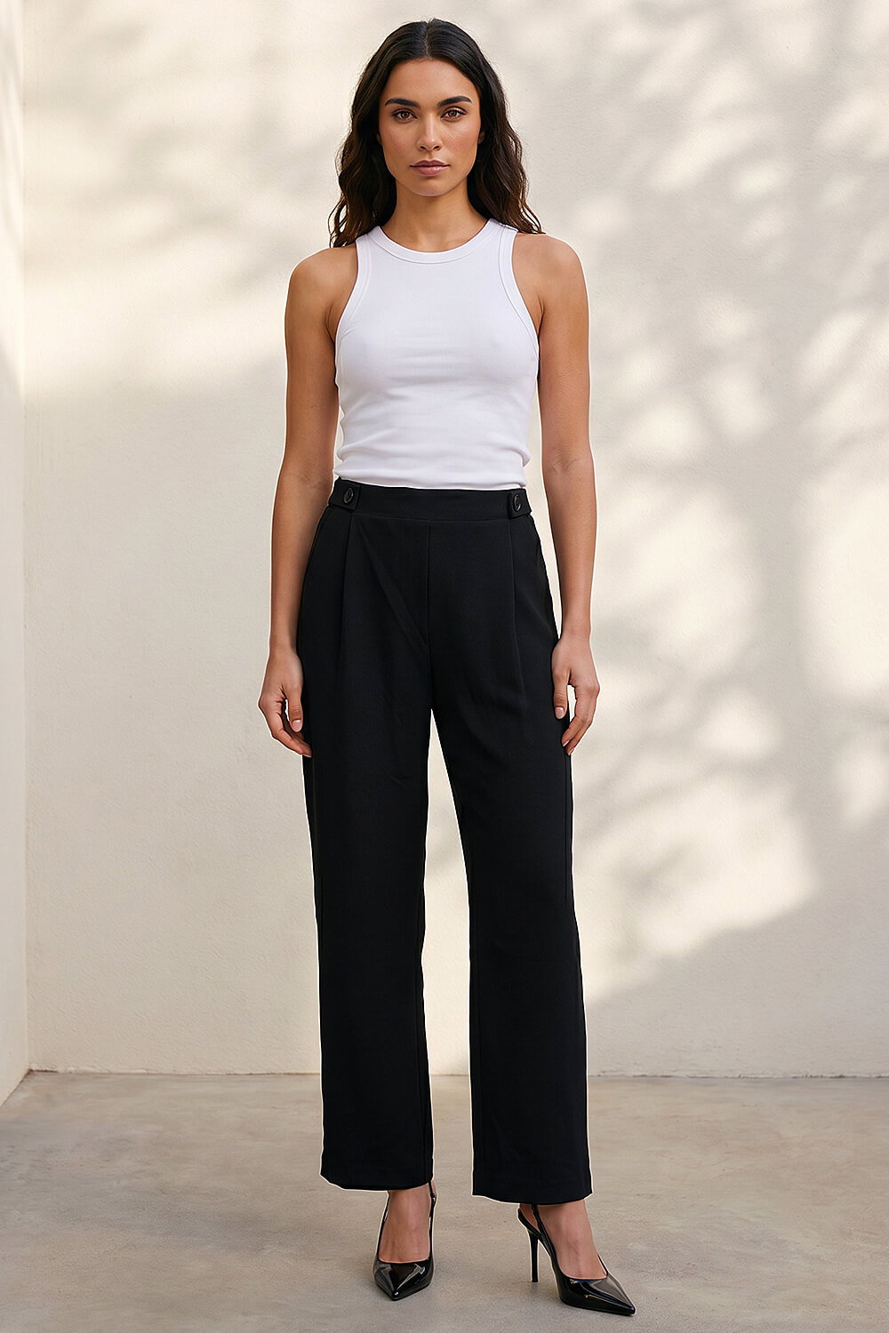 Black Pleated Wide Leg Buttoned Trouser, Image 1 of 4