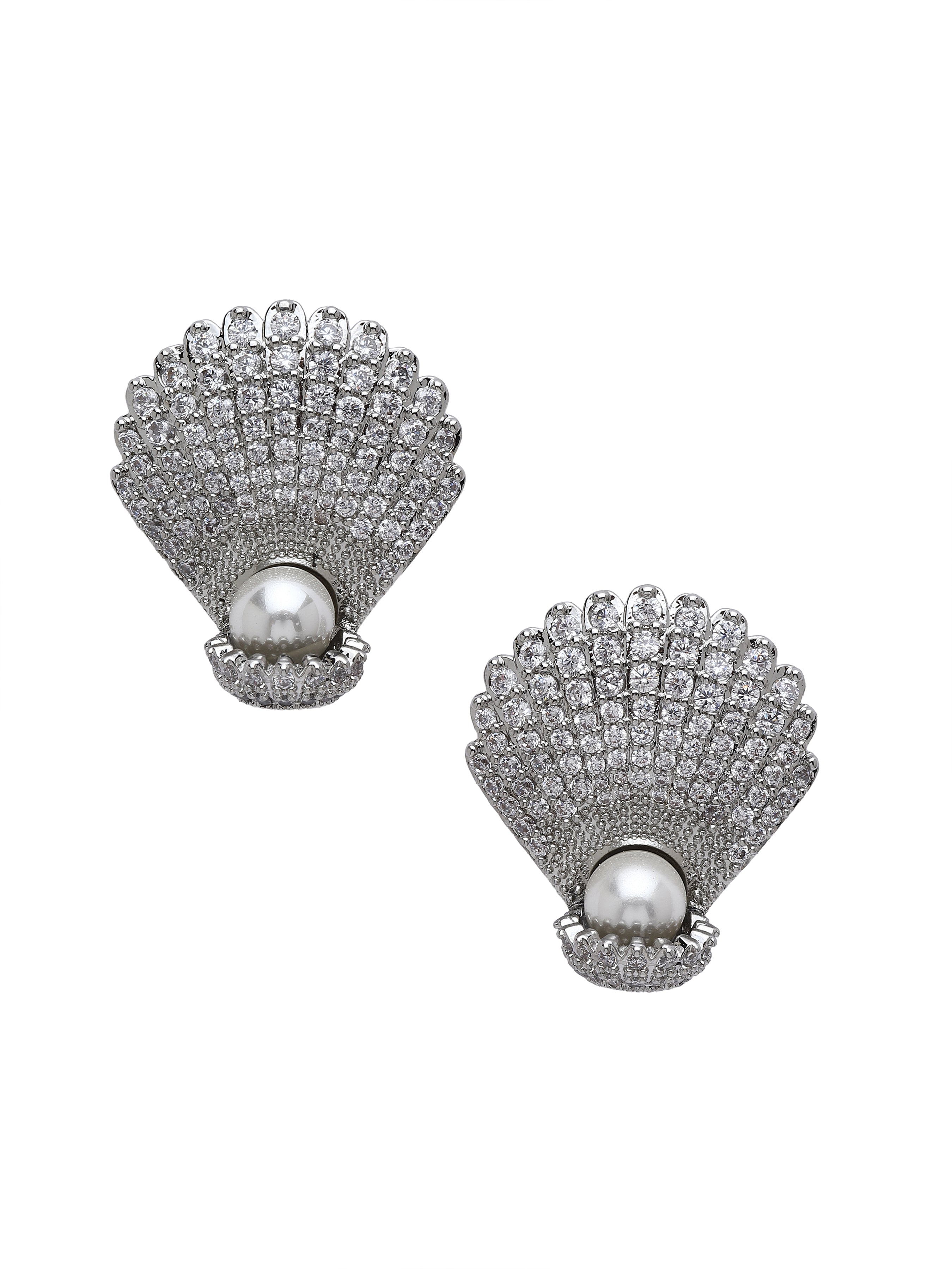 Metallic Shell Pearl Statement Stud Earrings