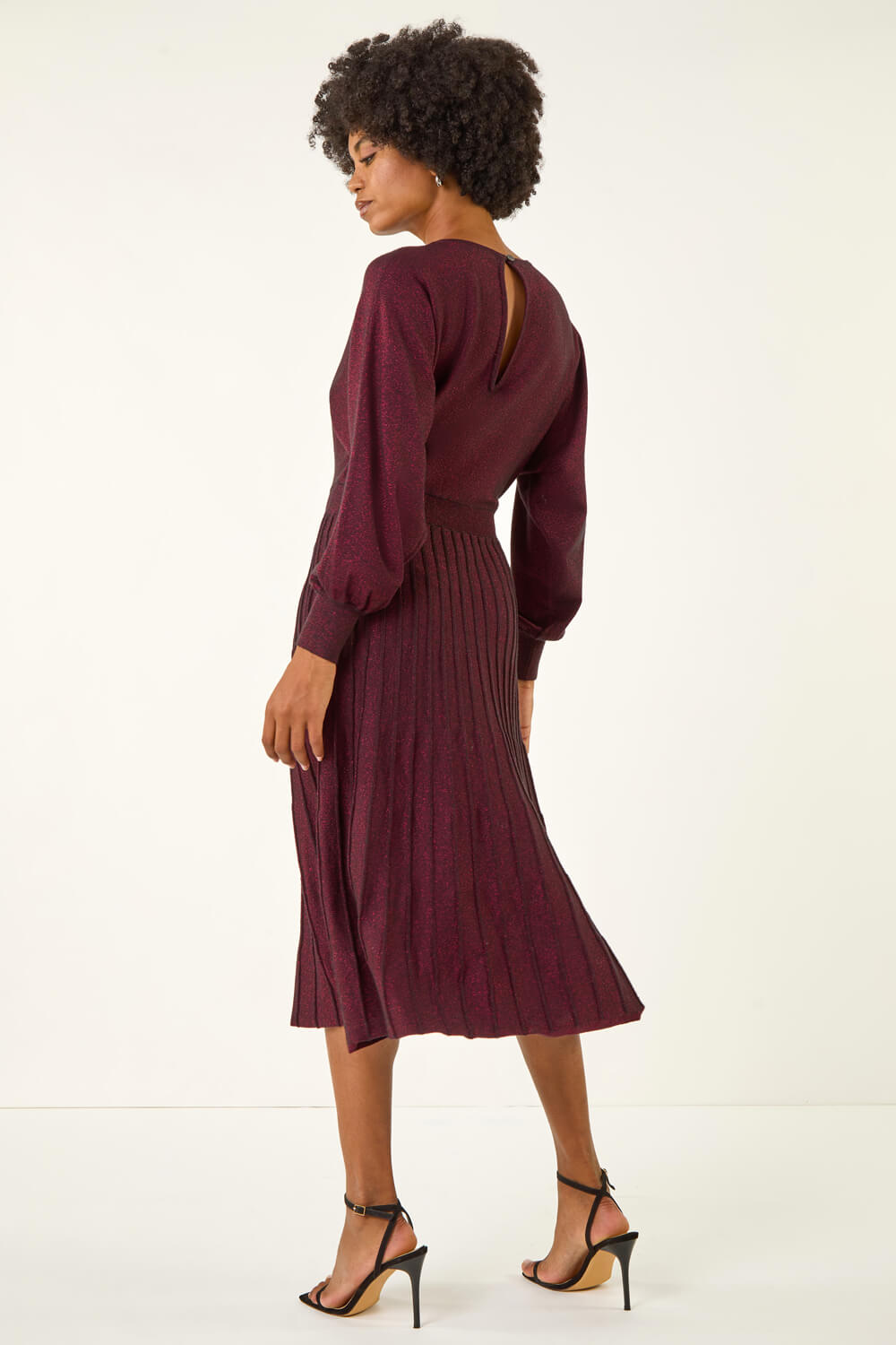 Wine Shimmer Pleated Knit Midi Dress | Roman UK