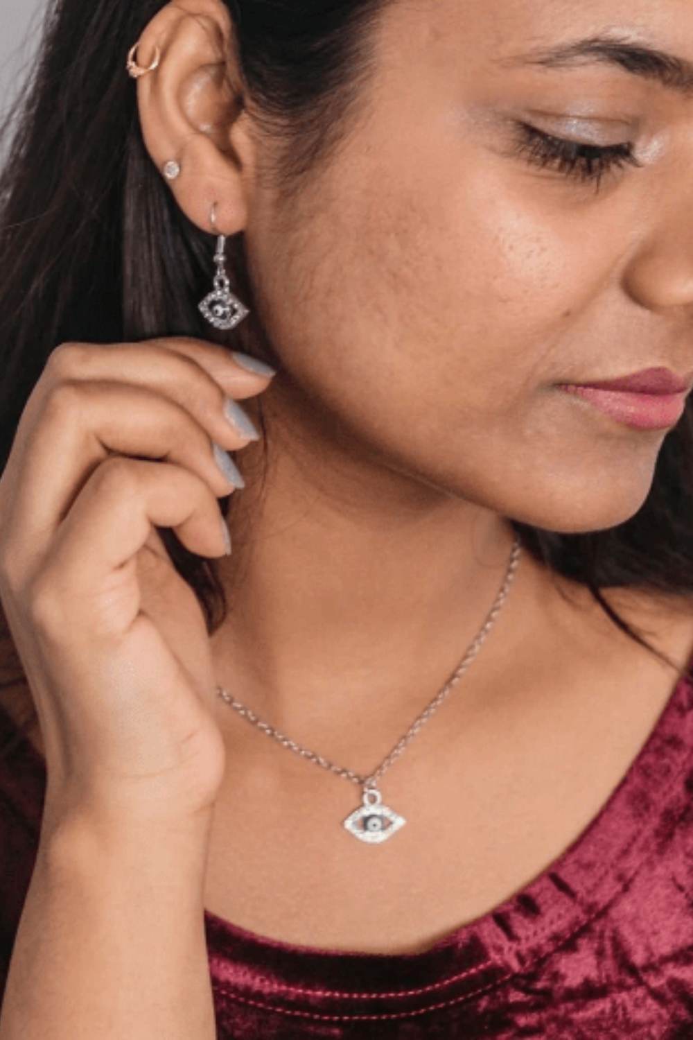 Silver Hamsa Evil Eye Zircon Dangle Earrings, Image 1 of 2