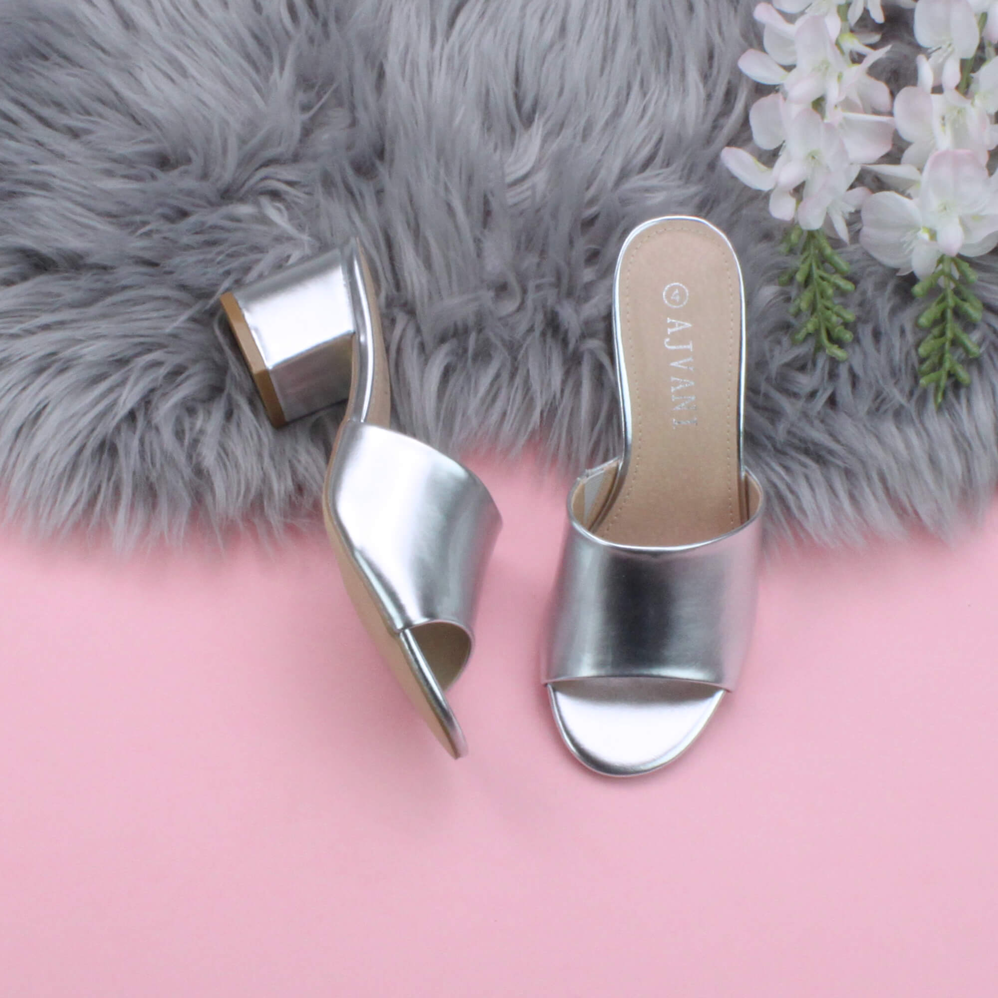 Silver AJVANI Silver Mid Block Heel Peep Toe Mules Sandals, Image 4 of 6