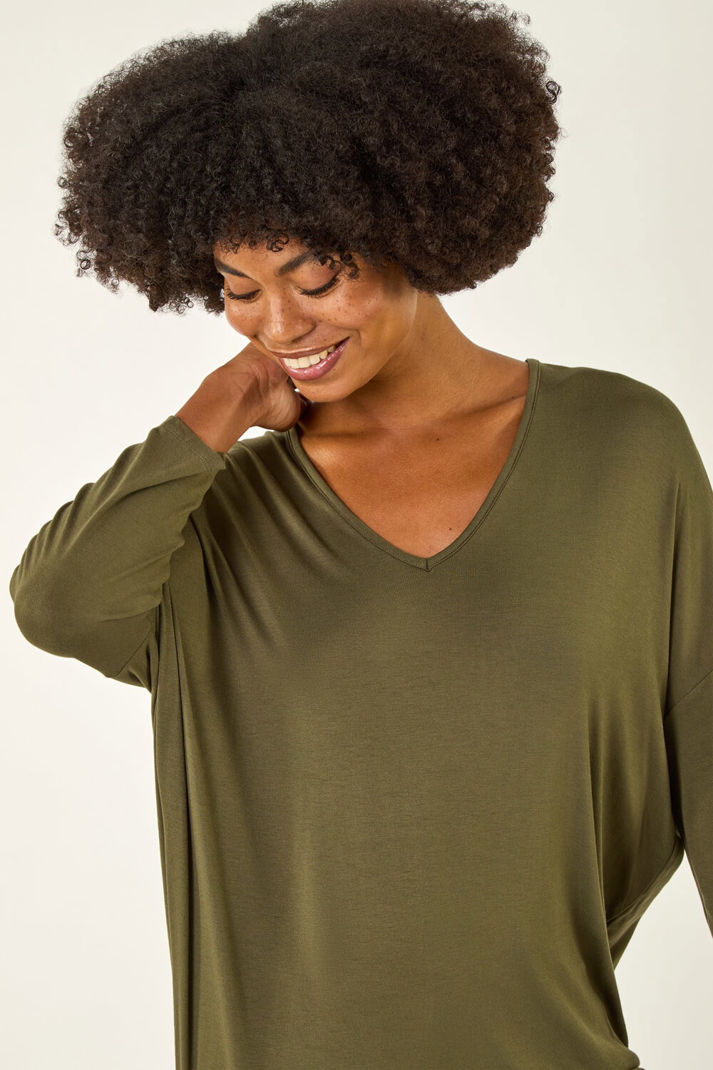 Roman Women's Khaki V-Neck Jersey Stretch T-Shirt Size 12