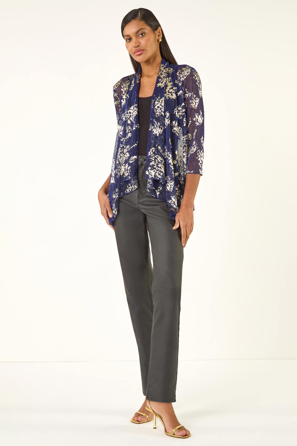 Gold Floral Plisse Jersey Cardigan, Image 3 of 5
