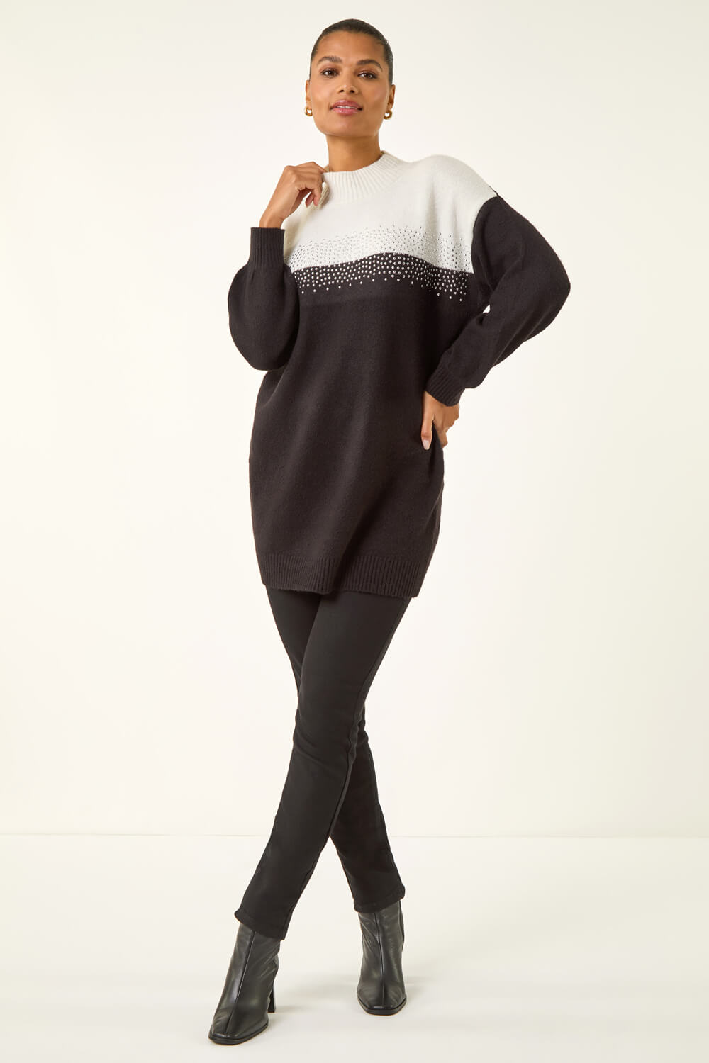 Black Colour Block Sparkly Longline Jumper, Image 3 of 5