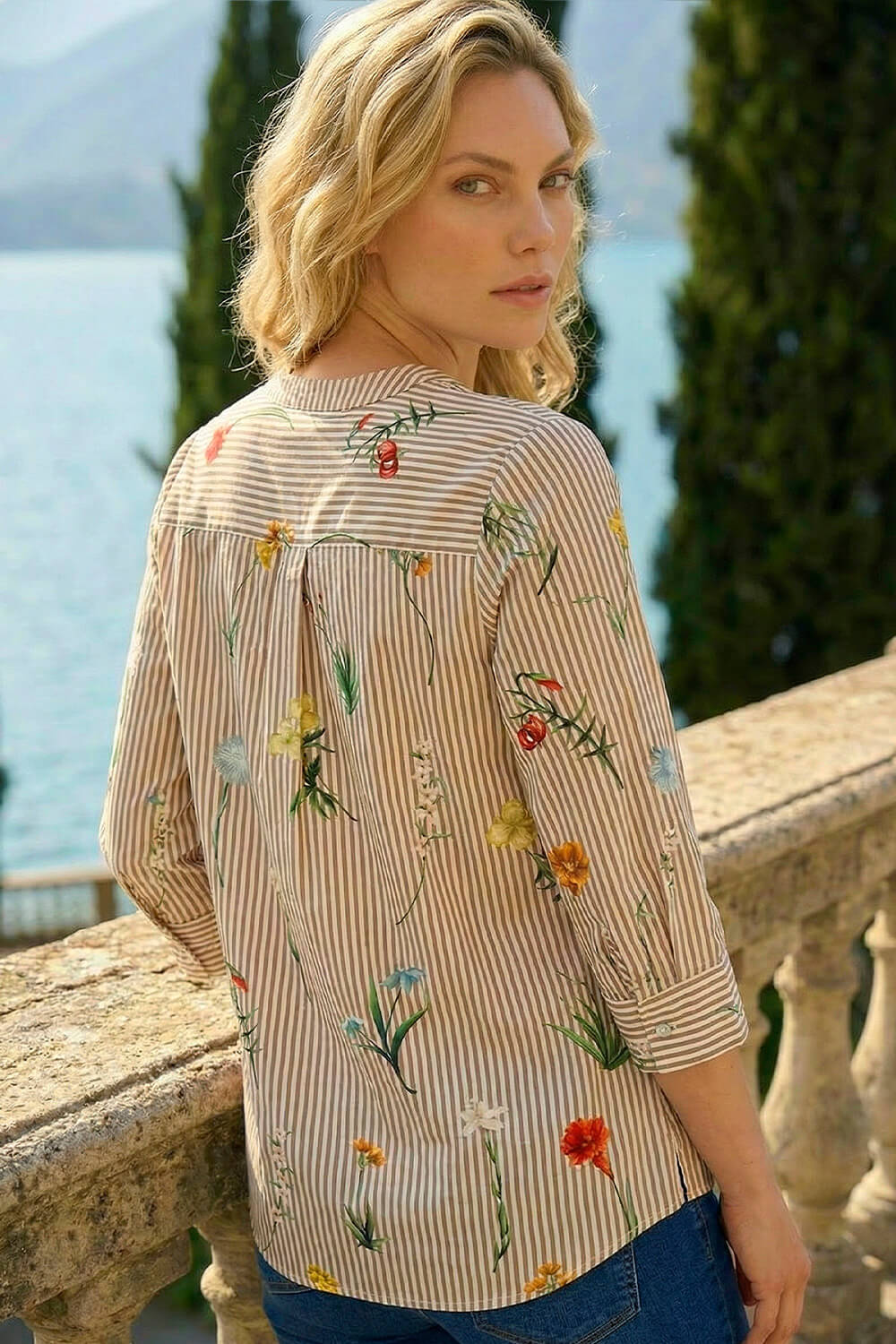 Taupe Floral Stripe Pleated Top, Image 4 of 4