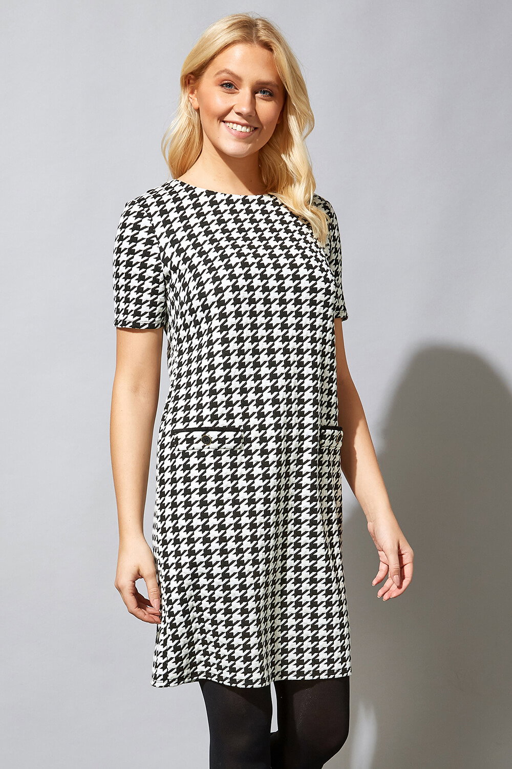 Black Houndstooth Check Shift Dress, Image 1 of 5