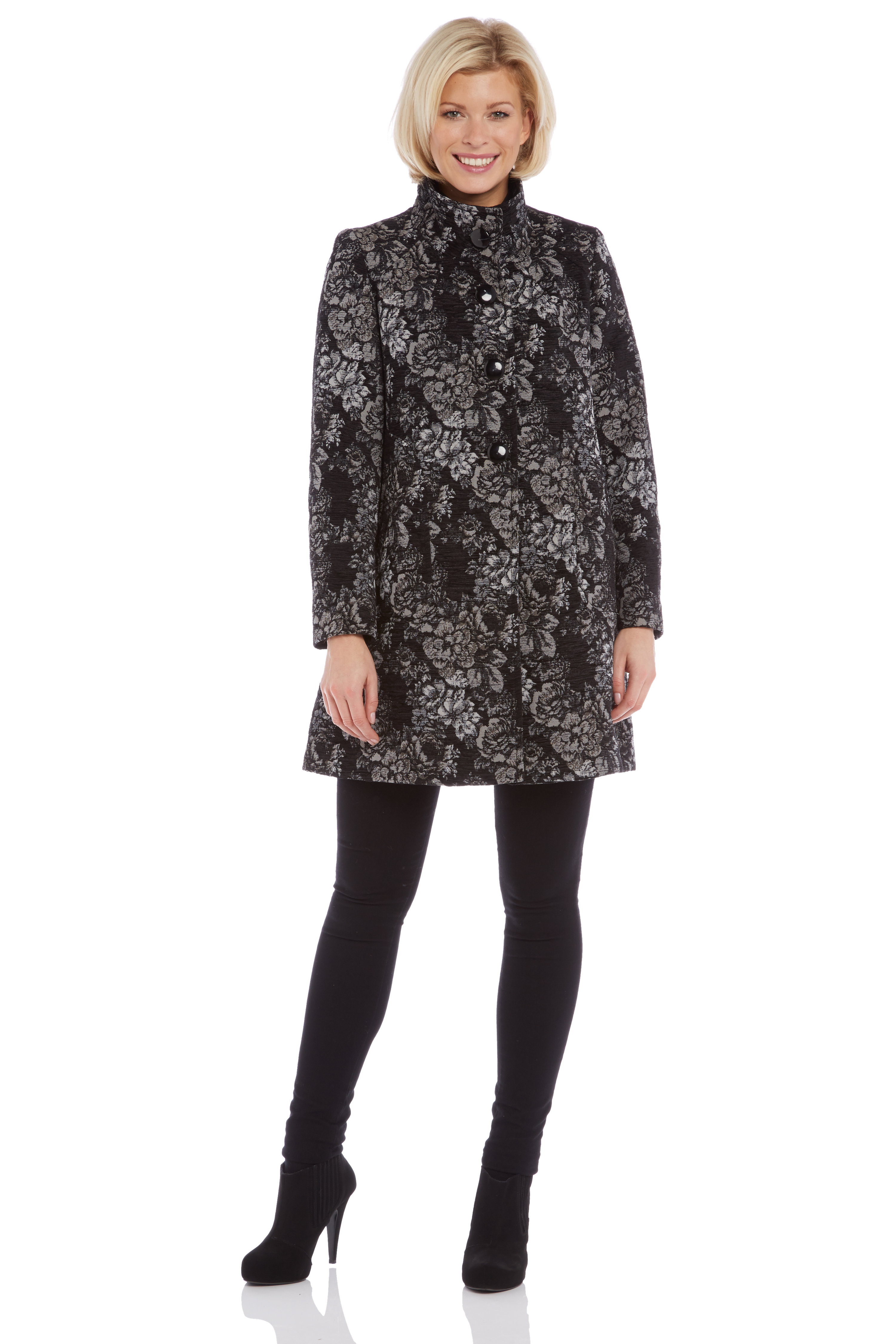 Grey Floral Jacquard Coat, Image 3 of 7