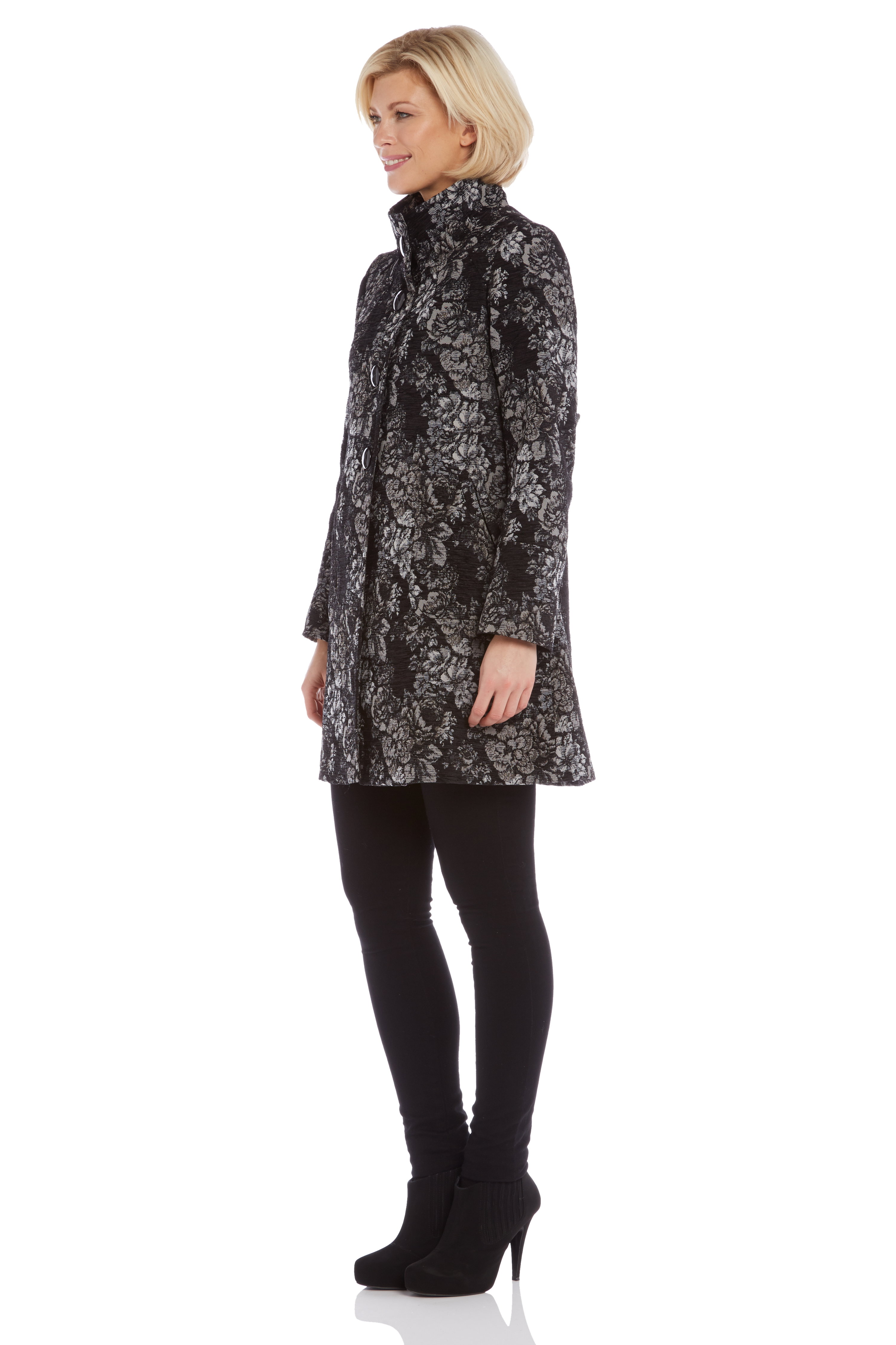 Grey Floral Jacquard Coat, Image 5 of 7