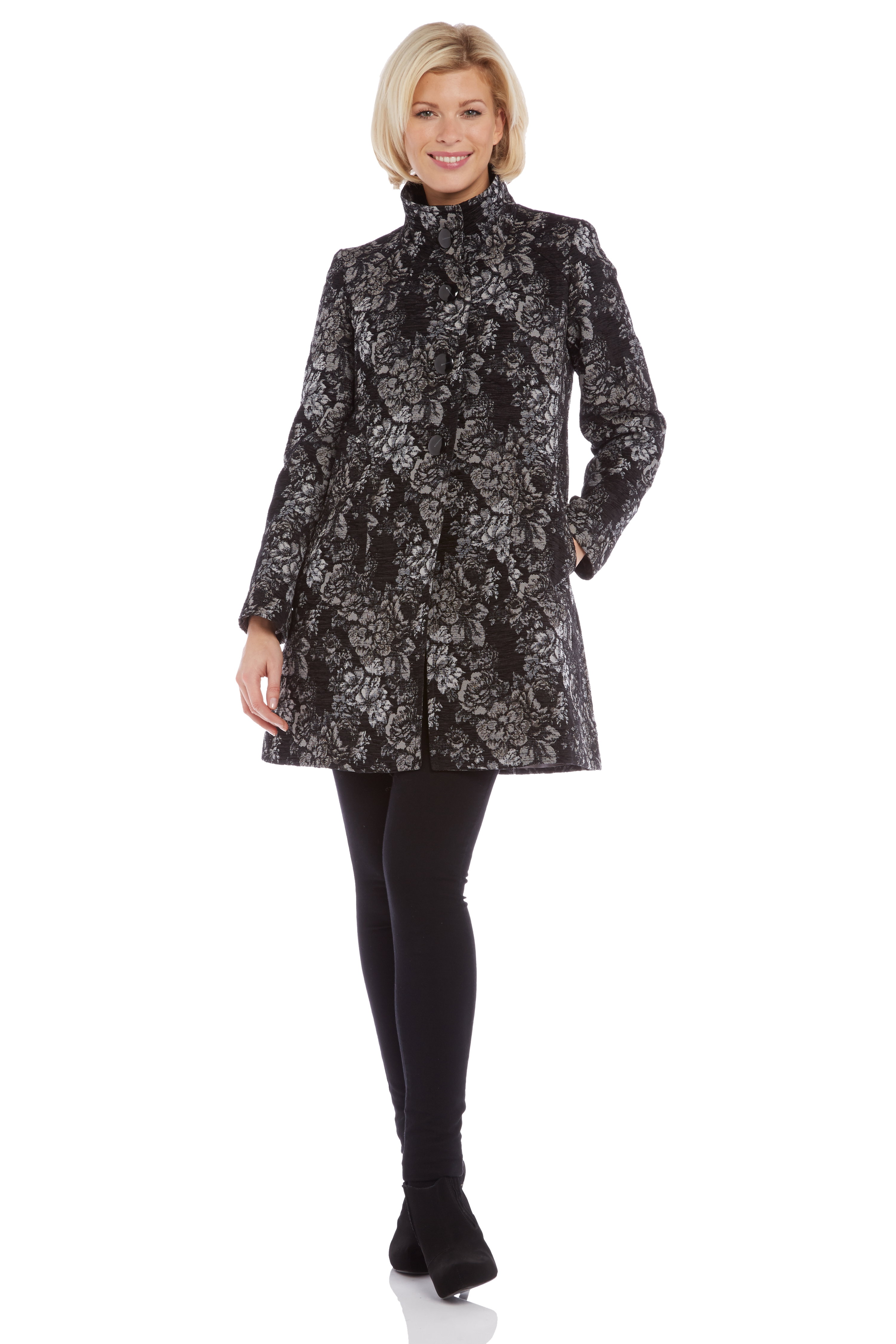 Grey Floral Jacquard Coat, Image 6 of 7