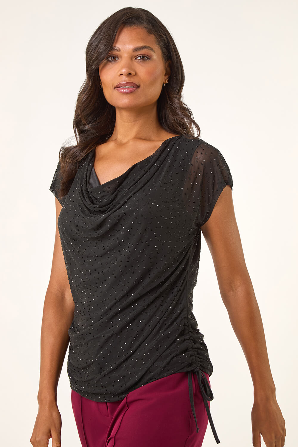 Black Sparkly Cowl Neck Stretch Top, Image 5 of 5
