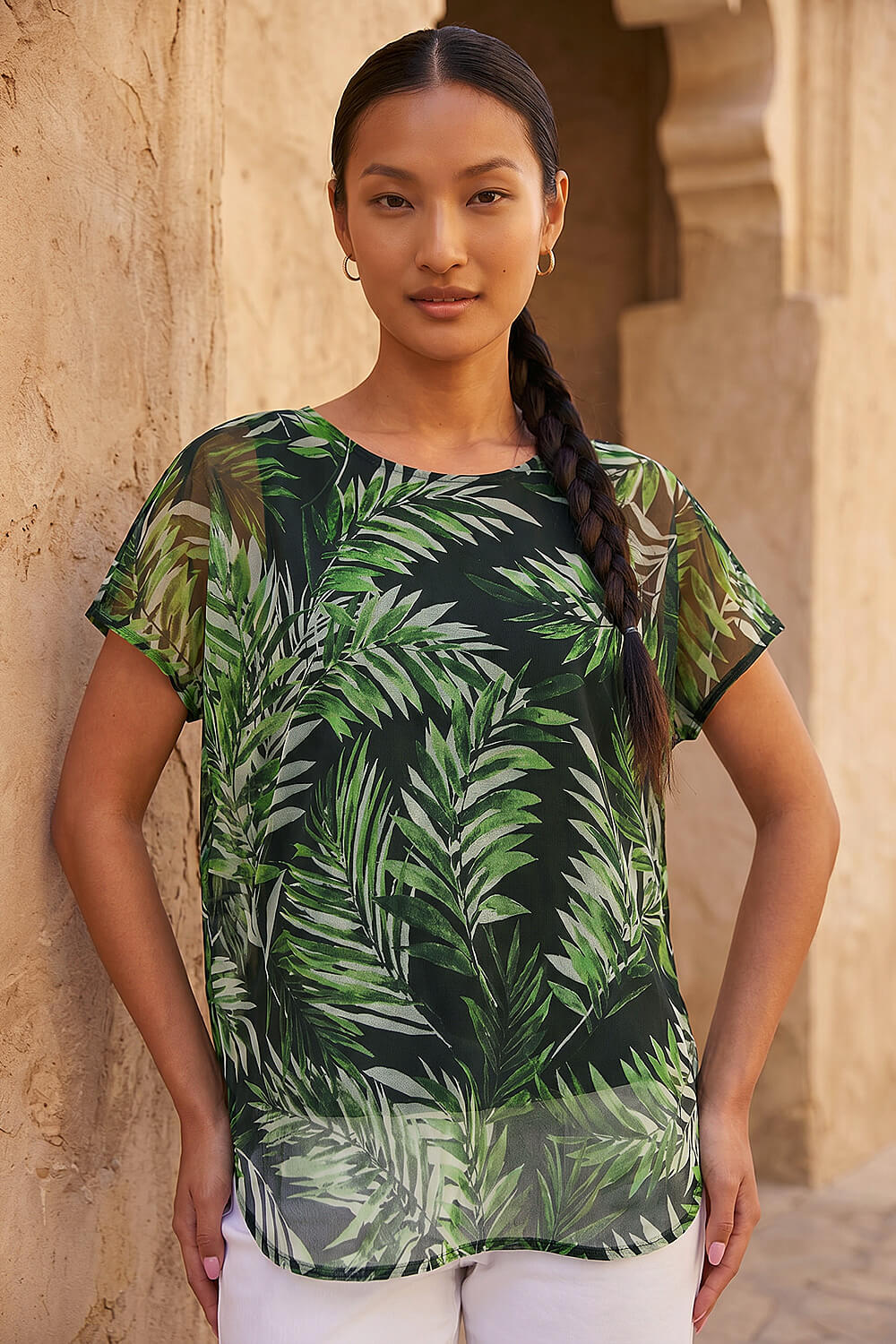 Green Palm Print Mesh Overlay Top, Image 1 of 4