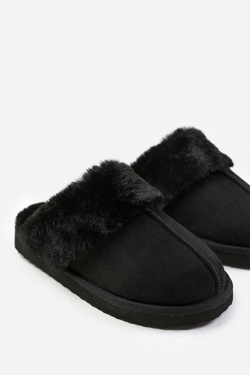 Black 'Comfort' Slip On Slippers With Fur Trim, Image 3 of 4