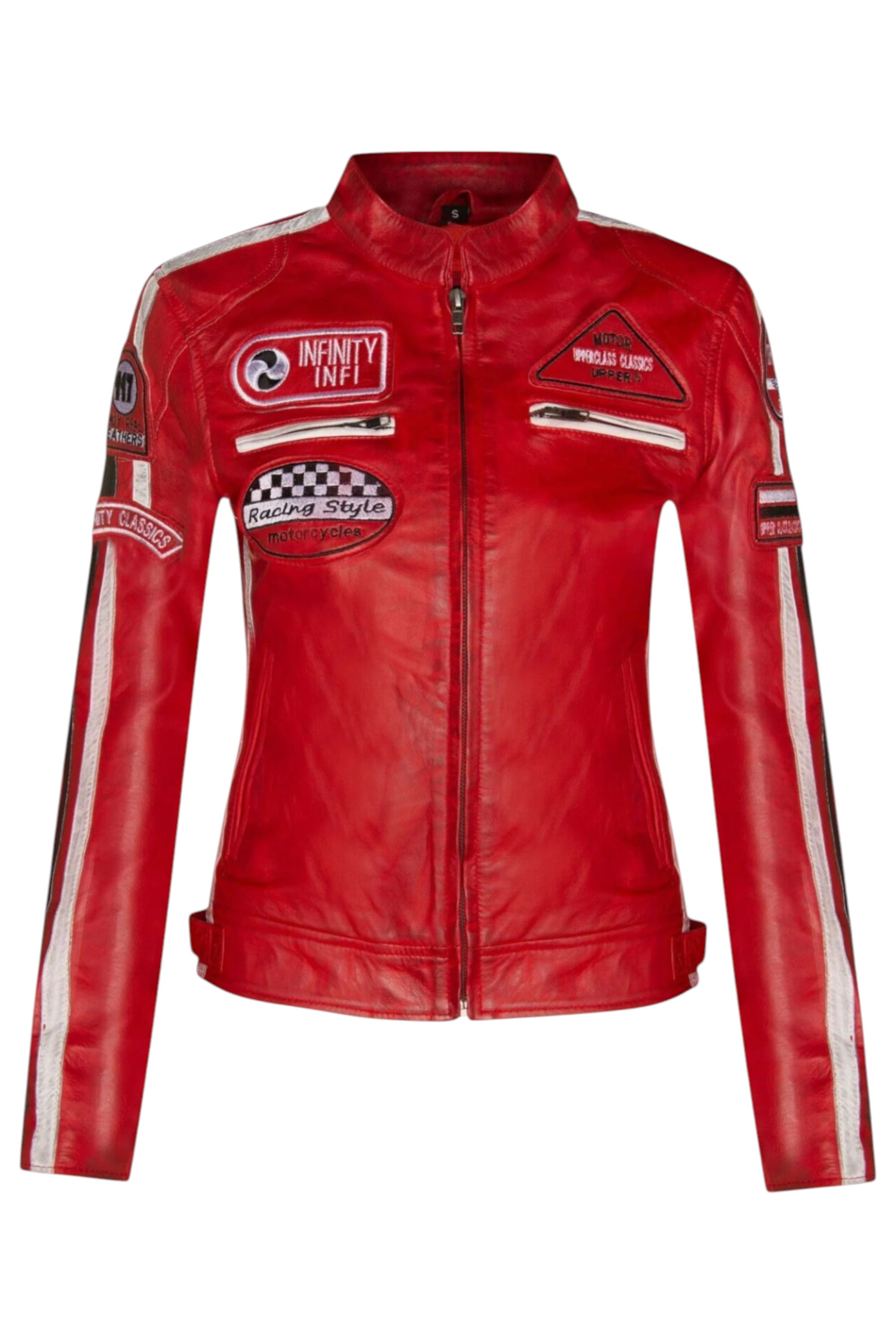Red Leather Biker Racing Badges Jacket-Dalby, Image 2 of 6