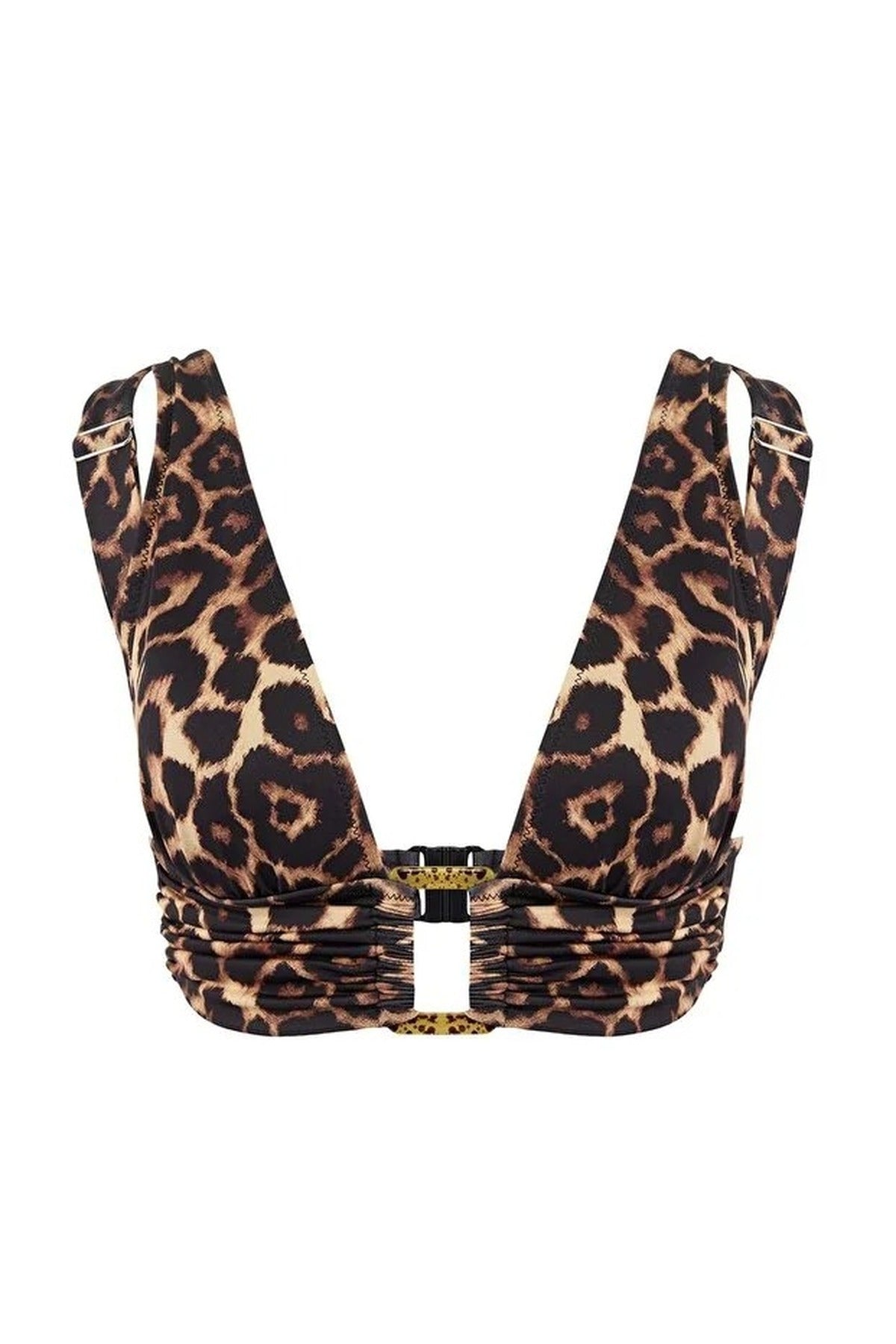 Multi Leopard Print Hardware Detail Triangle Bikini Top with Wide Straps, Image 2 of 4