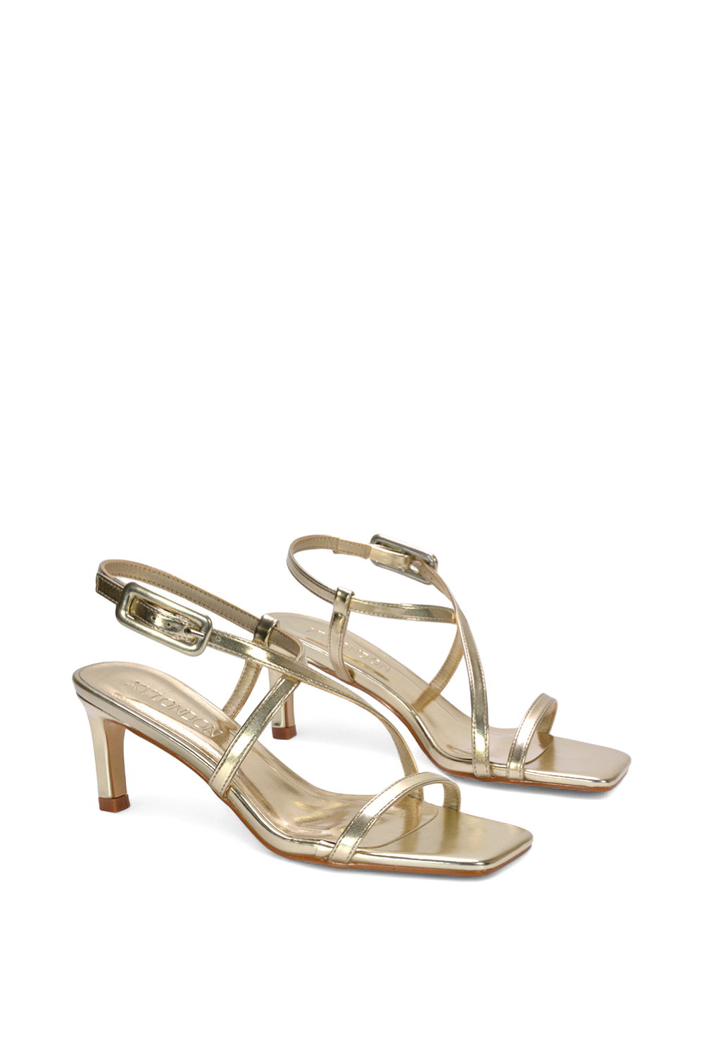 Gold 'Gabriella' Square Toe Mid Stiletto Heel Sandals With Adjustable Strap, Image 4 of 5