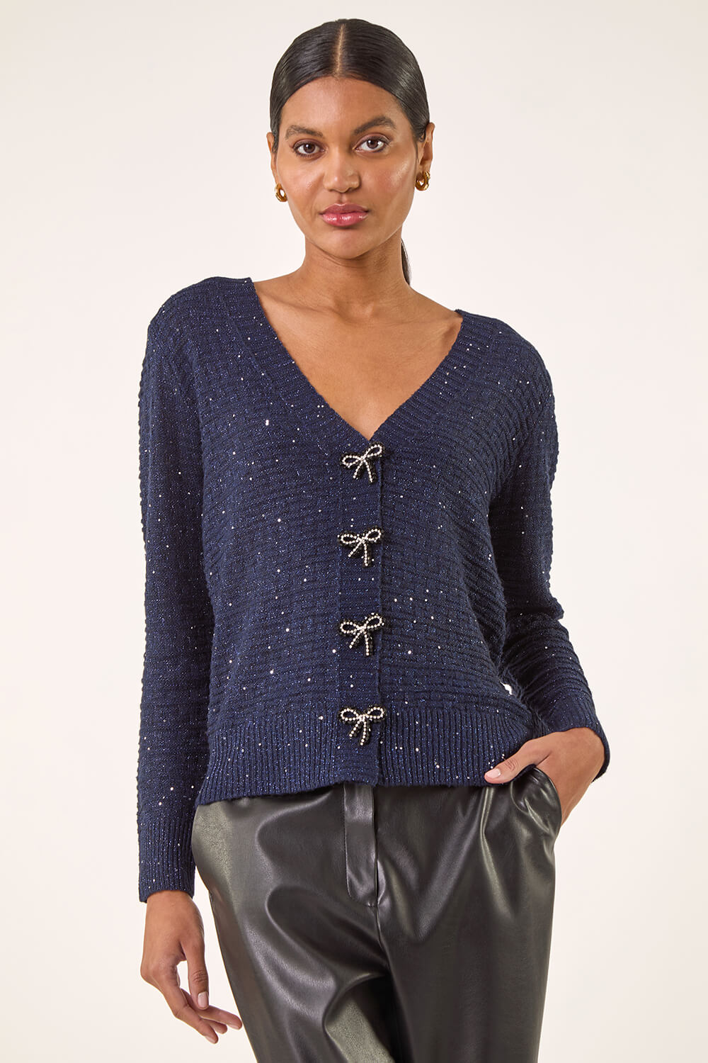 Navy Bow Embellished Sequin Knit Cardigan, Image 5 of 5