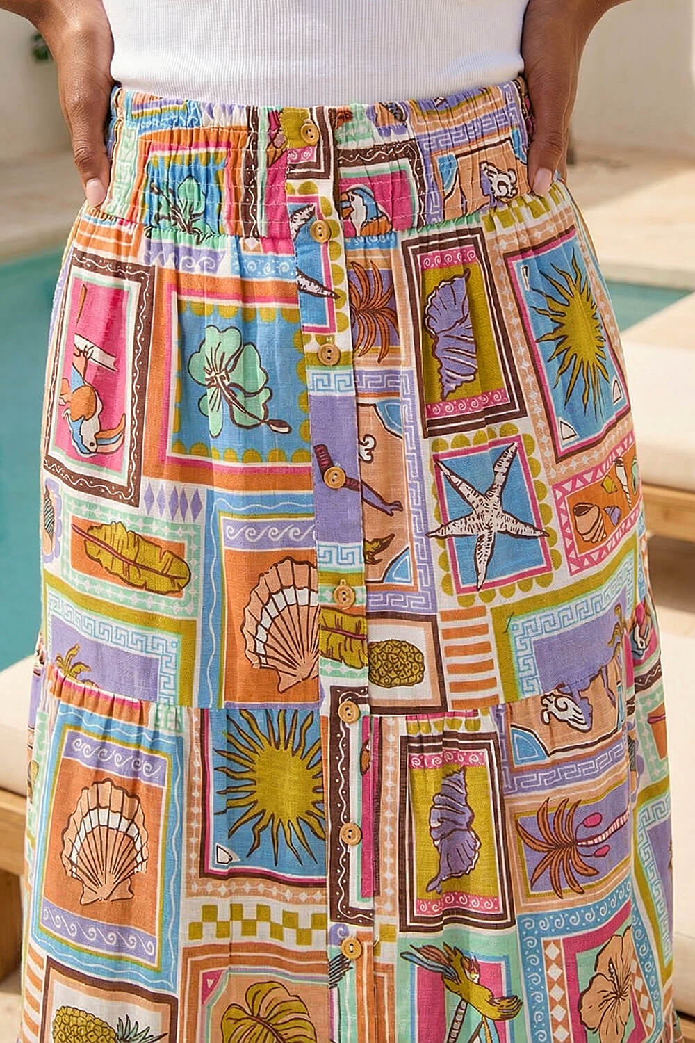 PINK Petite Patchwork Print Shirred Midi Skirt, Image 5 of 4