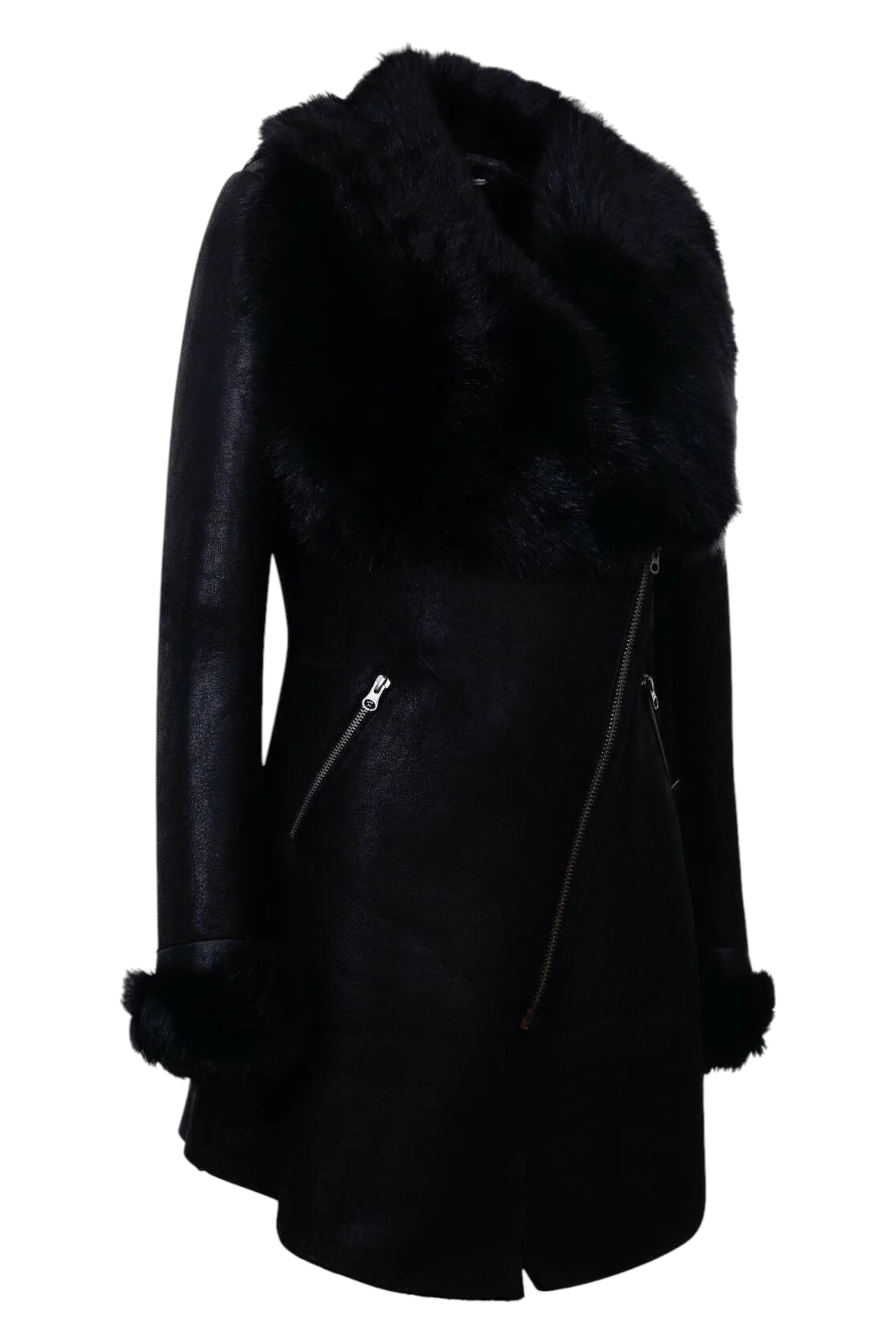 Black Womens Merino Shearling Coat -Fortaleza, Image 3 of 4