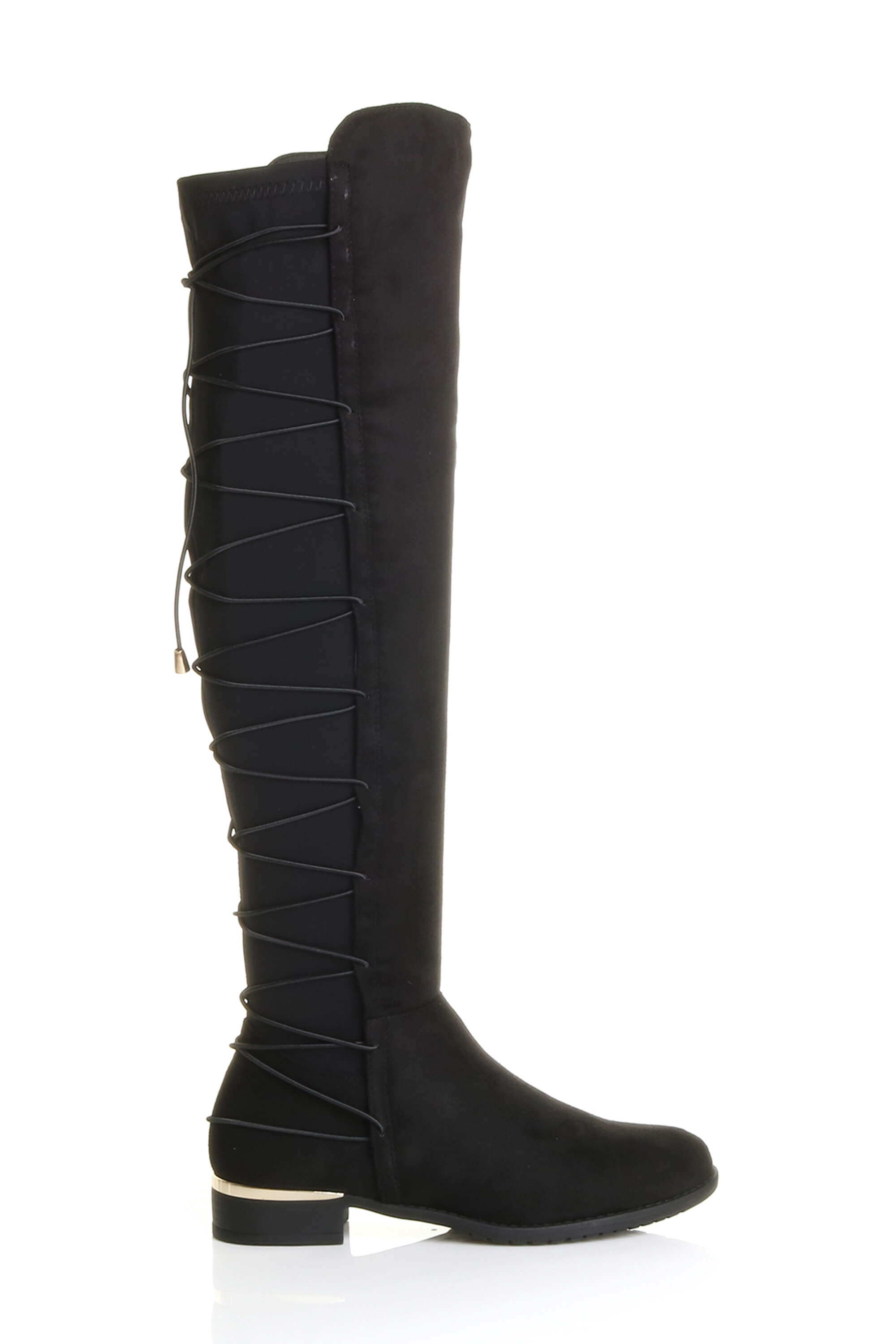 Black Elastic Tie Up Riding Knee High Boots, Image 2 of 6