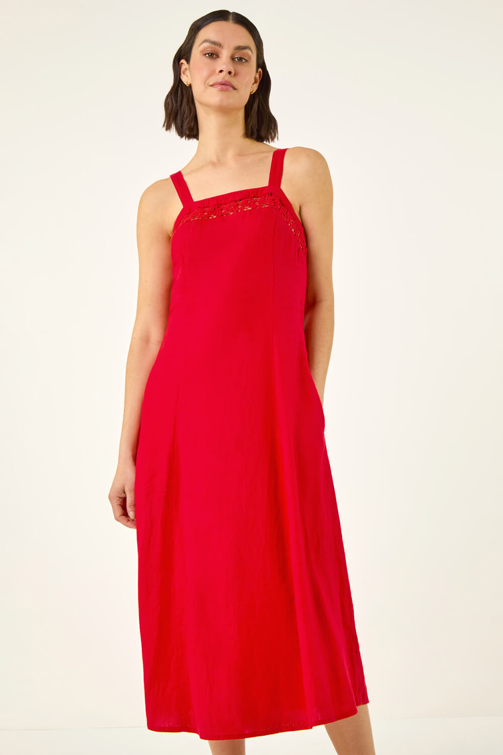 Red Linen Blend Lace Trim Midi Dress | Roman UK