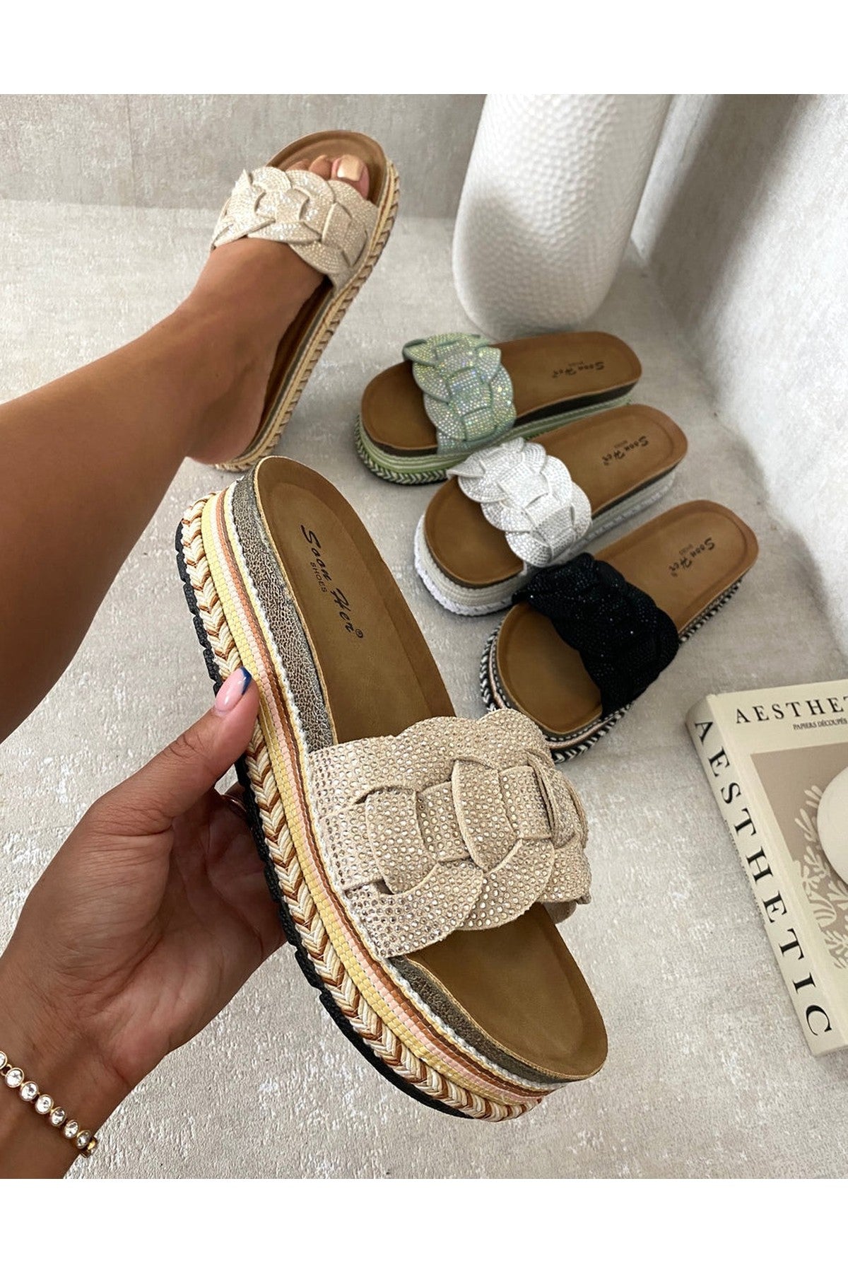 Beige iKrush Beige Erin Open Toe Embellished Strap Slide Platform Sandals, Image 7 of 8
